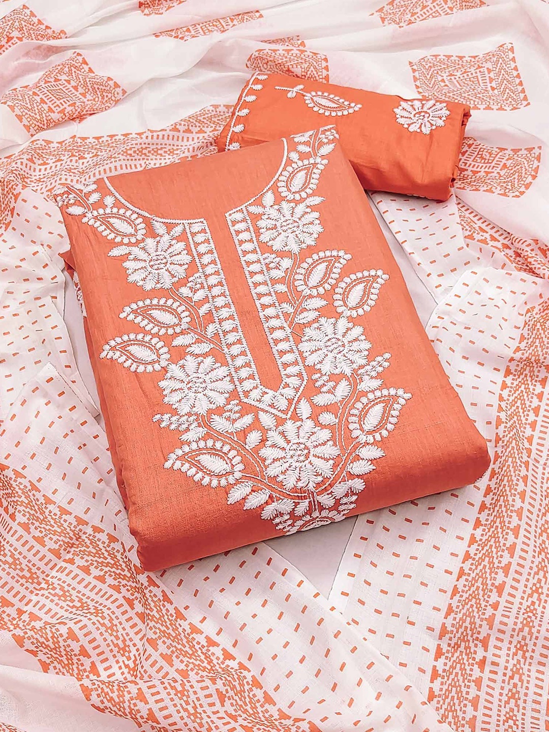 

Peachmode Floral Embroidered Pure Cotton Unstitched Dress Material, Orange