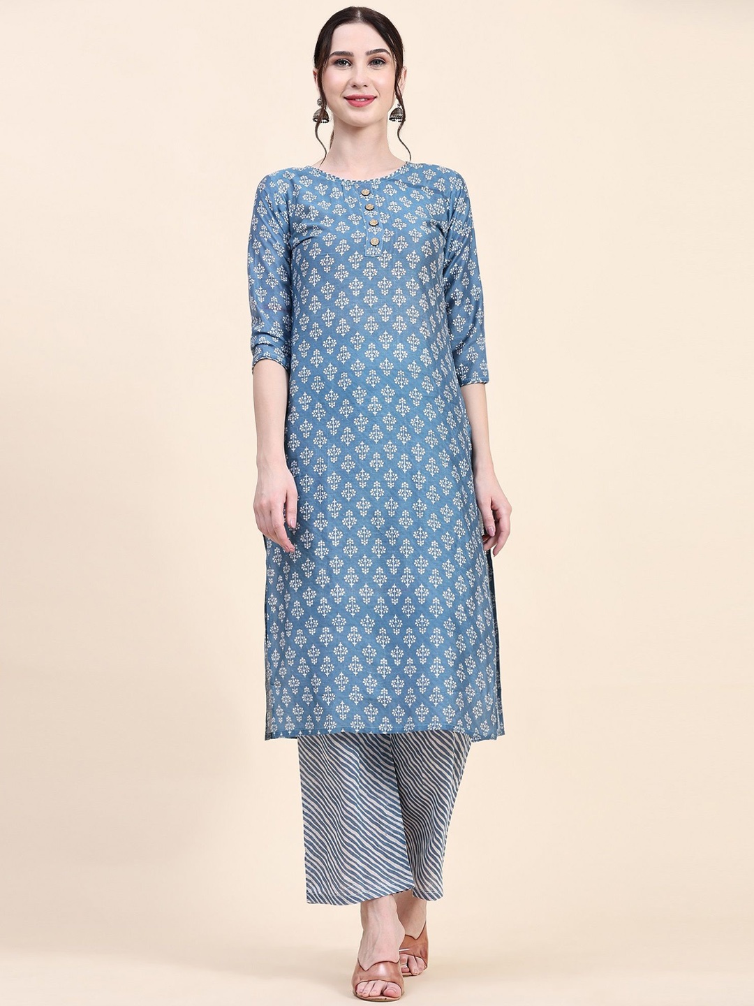 

CANIZZARO Ethnic Motifs Printed Round Neck Regular Straight Kurta With Trousers, Blue
