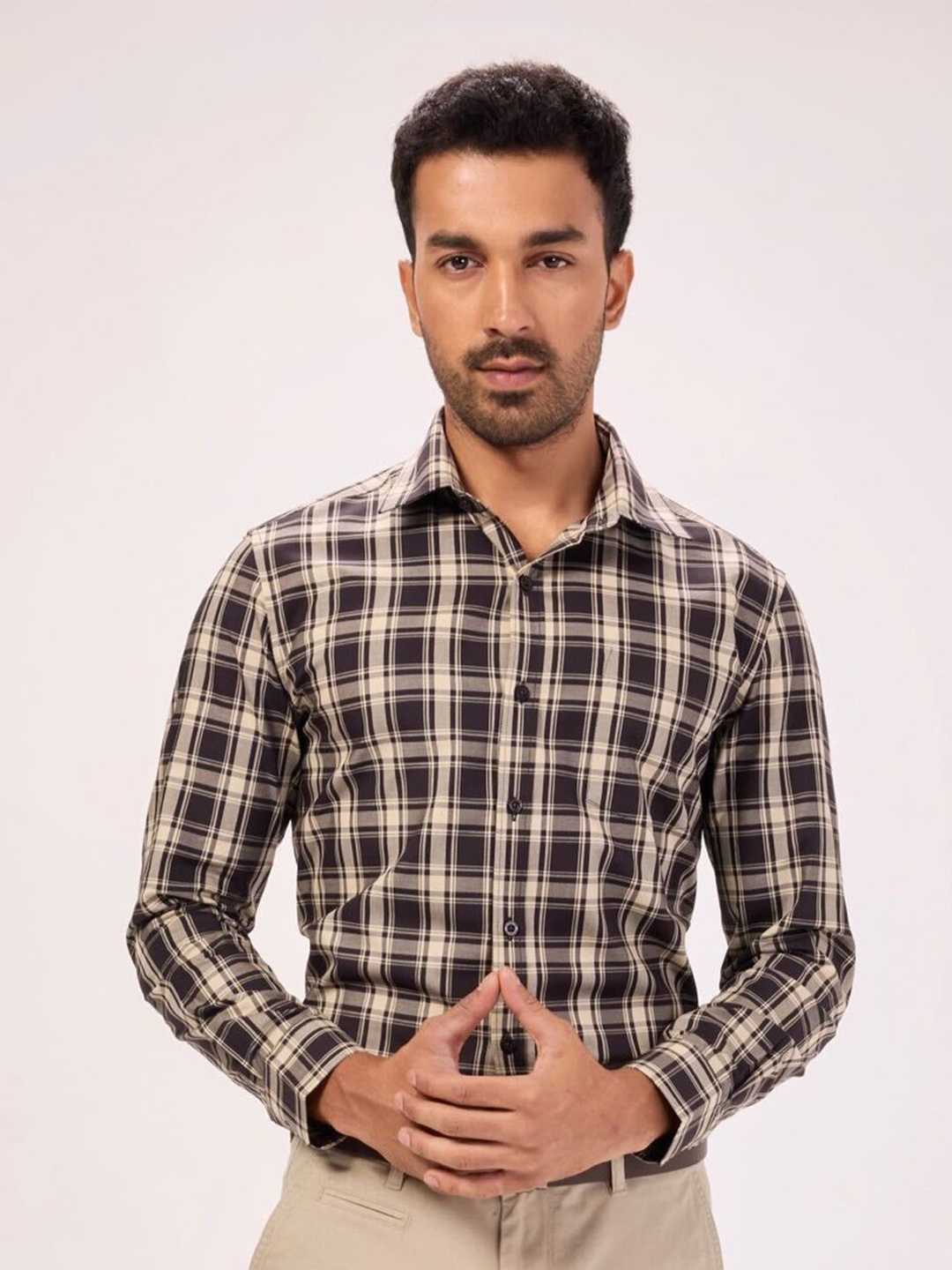 

Bombay High Men Comfort Tartan Checks Opaque Checked Semiformal Shirt, Brown
