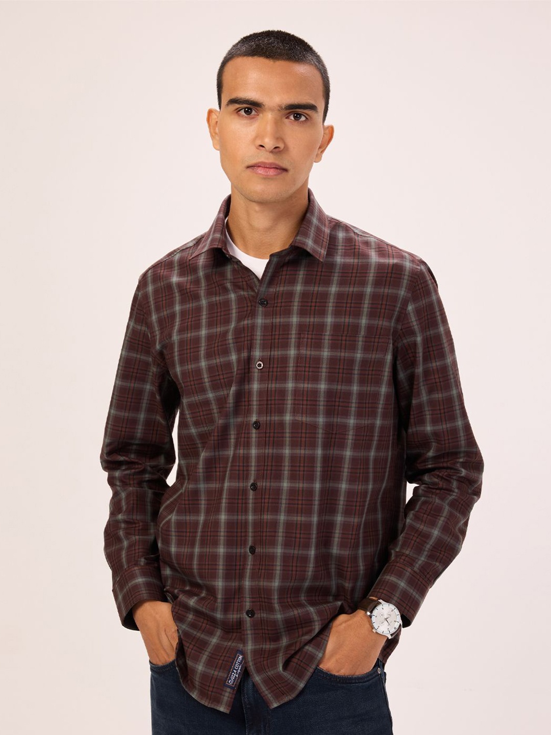 

Bombay High Men Comfort Tartan Checks Opaque Checked Semiformal Shirt, Brown