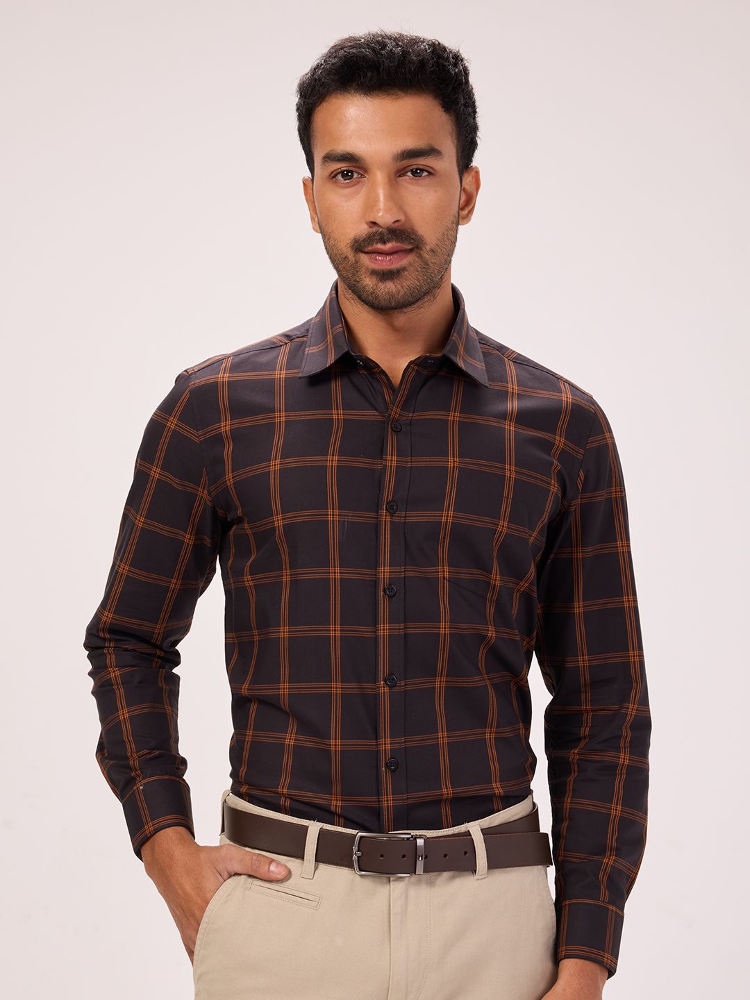 

Bombay High Men Comfort Tartan Checks Opaque Checked Semiformal Shirt, Brown