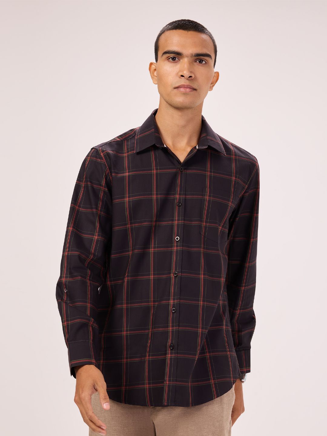 

Bombay High Men Comfort Windowpane Checks Opaque Checked Semiformal Shirt, Brown