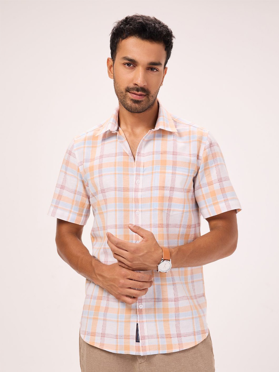 

Bombay High Men Comfort Tartan Checks Opaque Checked Casual Shirt, Cream