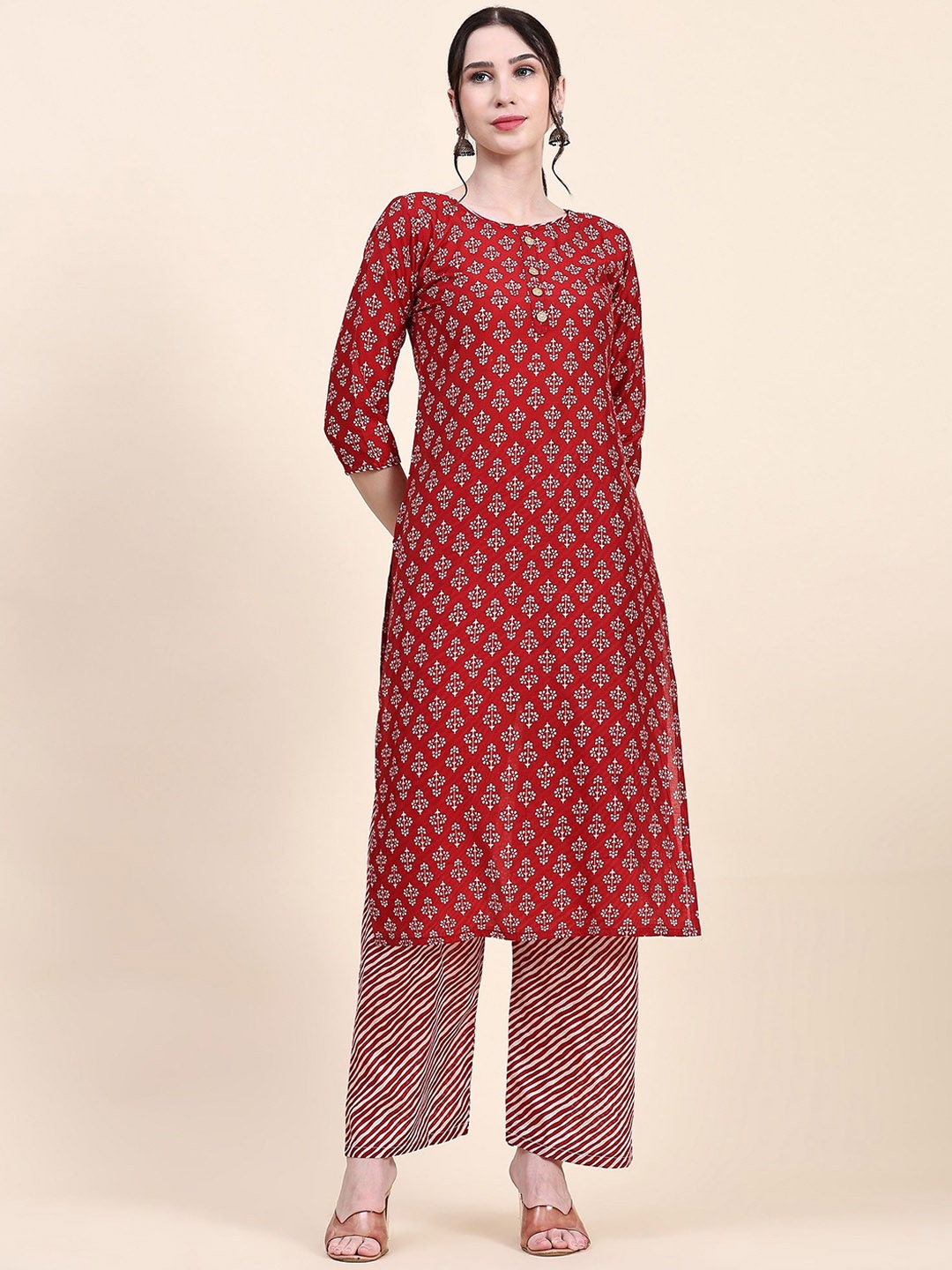 

KALINI Floral Printed Straight Kurta with Trousers, Red