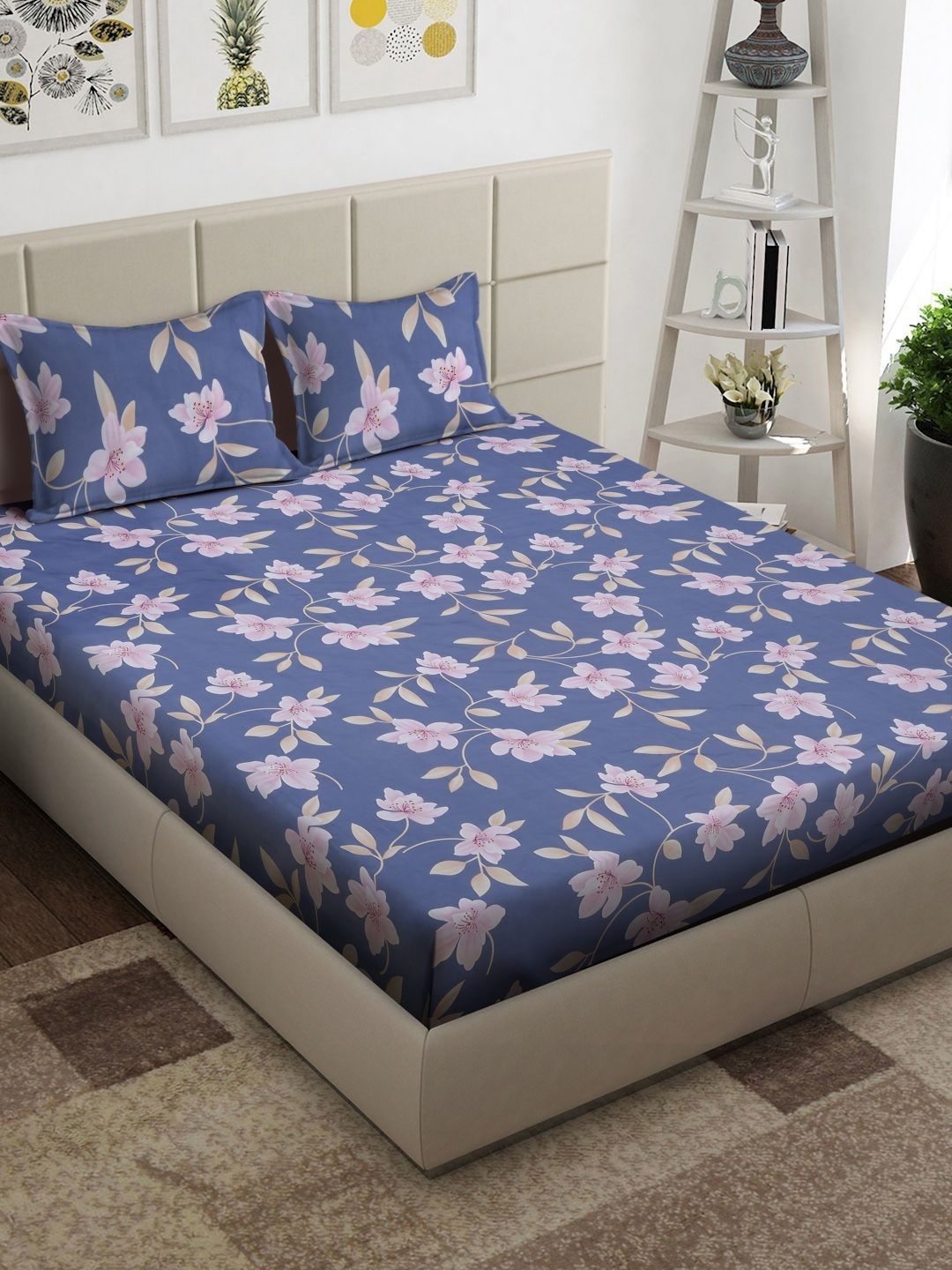 

Arrabi Blue & Pink Floral Printed 300 TC King Bedsheet With 2 Pillow Covers