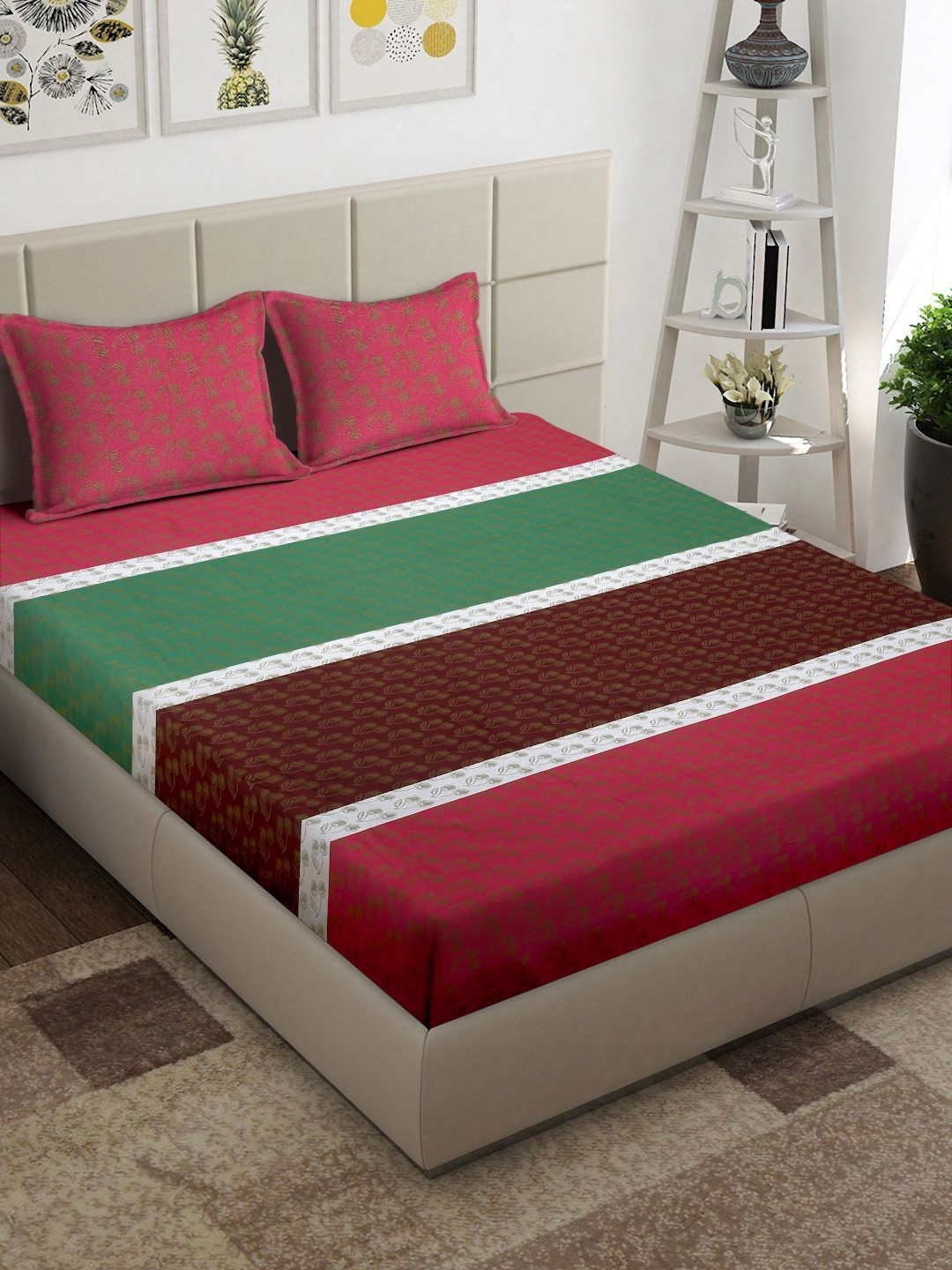 

Arrabi Green & Red Striped 300 TC Cotton King Bedsheet With 2 Pillow Covers