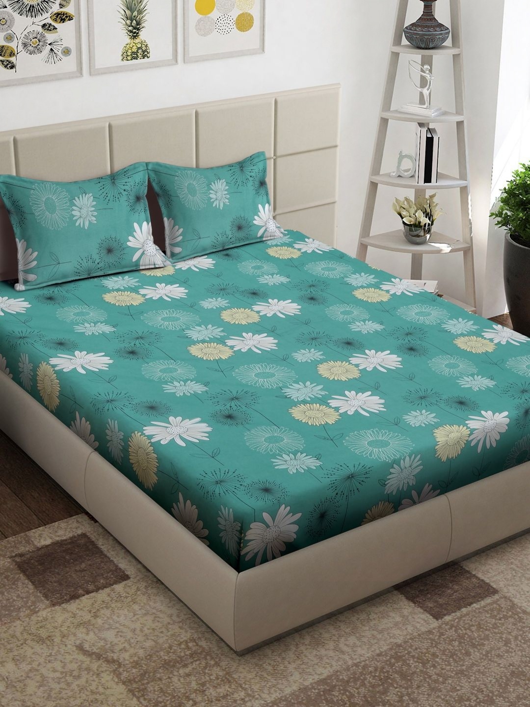 Arrabi Green & Yellow Floral 300 TC King Bedsheet with 2 Pillow Covers