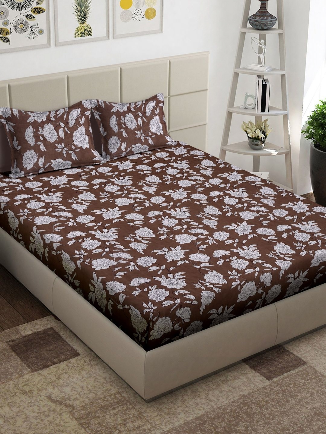 

Arrabi Brown & White Floral Printed 300 TC King Bedsheet With 2 Pillow Covers