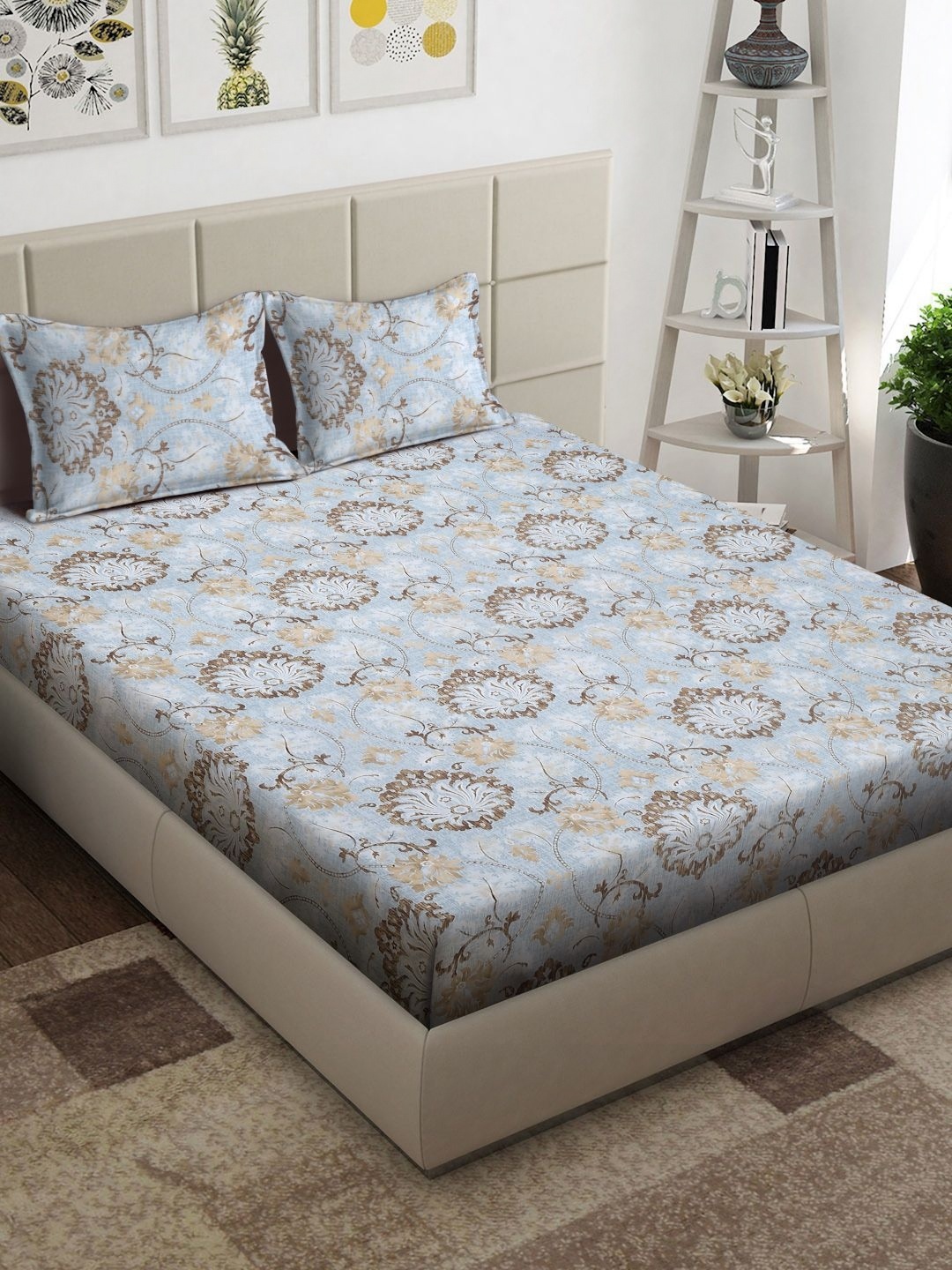 

Arrabi Grey Melange & Brown Floral Printed 300 TC King Bedsheet with 2 Pillow Covers