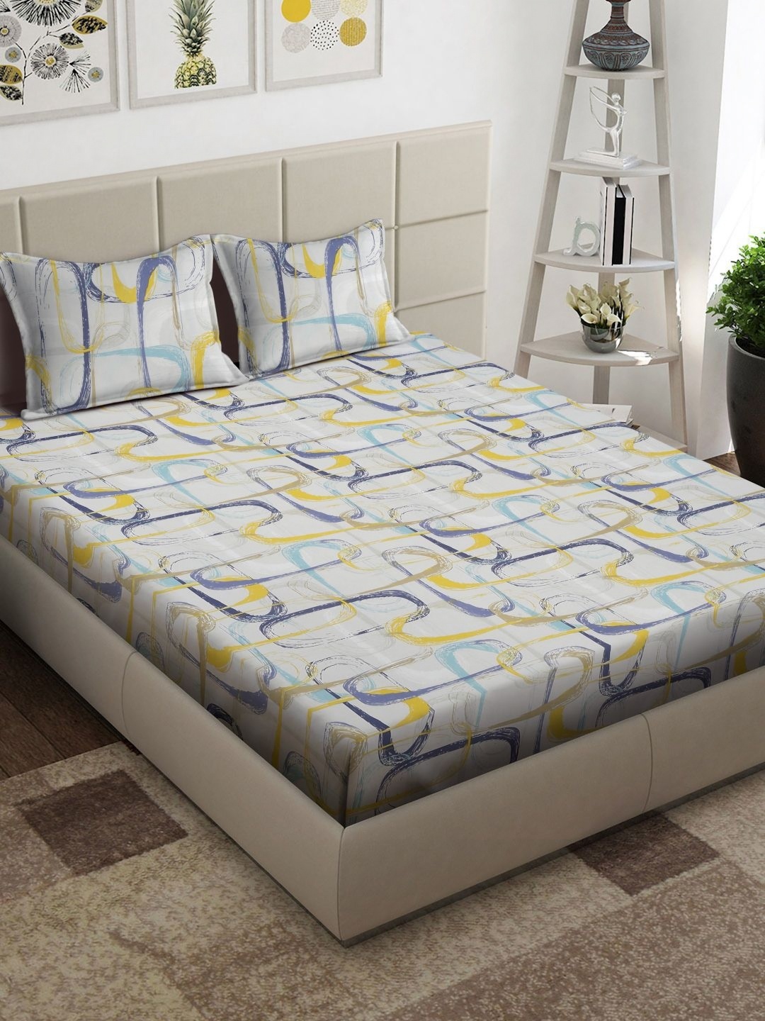 

Arrabi Beige & Yellow 300 TC Abstract Printed King Bedsheet with 2 Pillow Covers