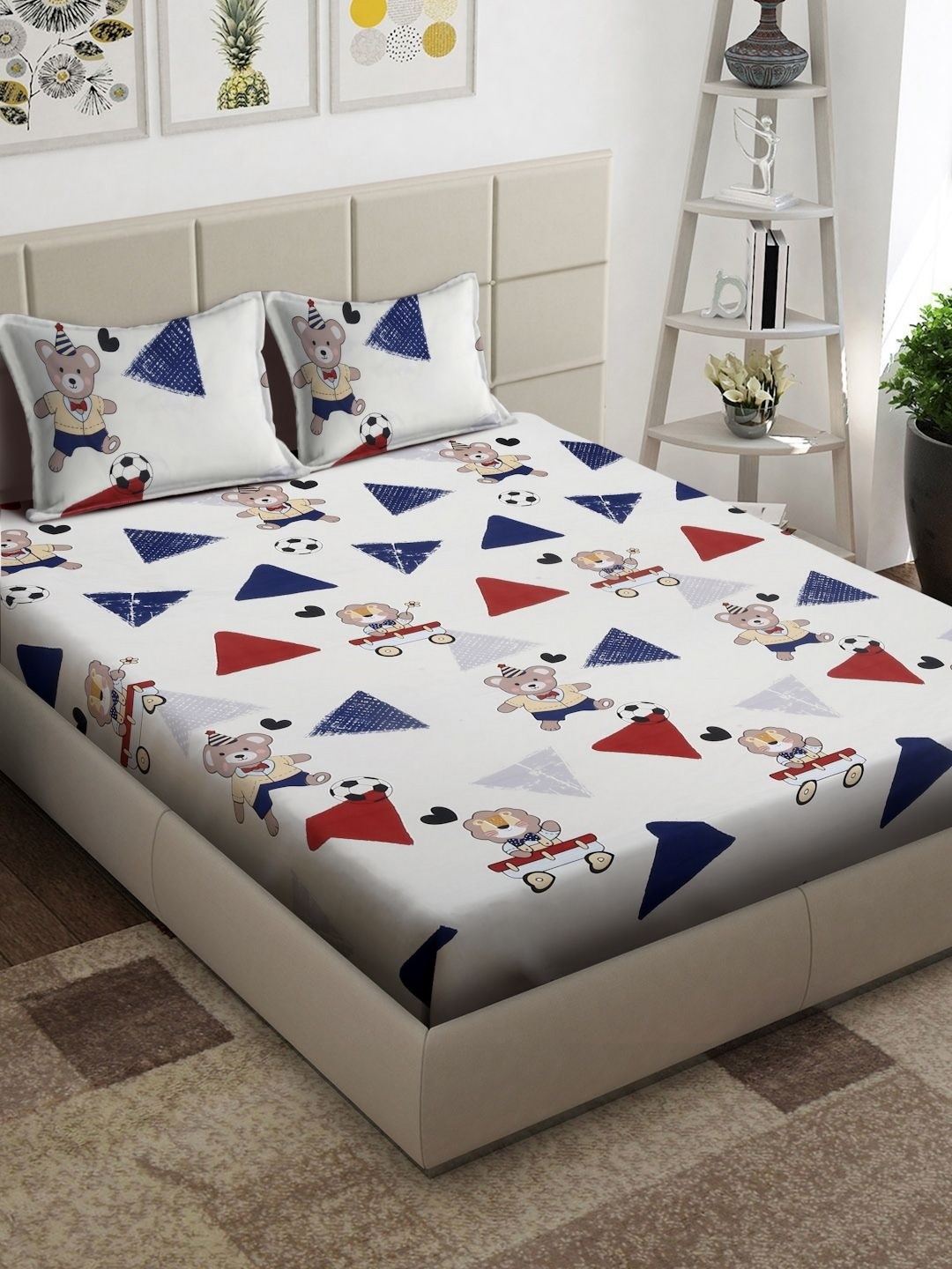 

Arrabi White & Blue Cartoon Characters 300 TC King Bedsheet with 2 Pillow Covers