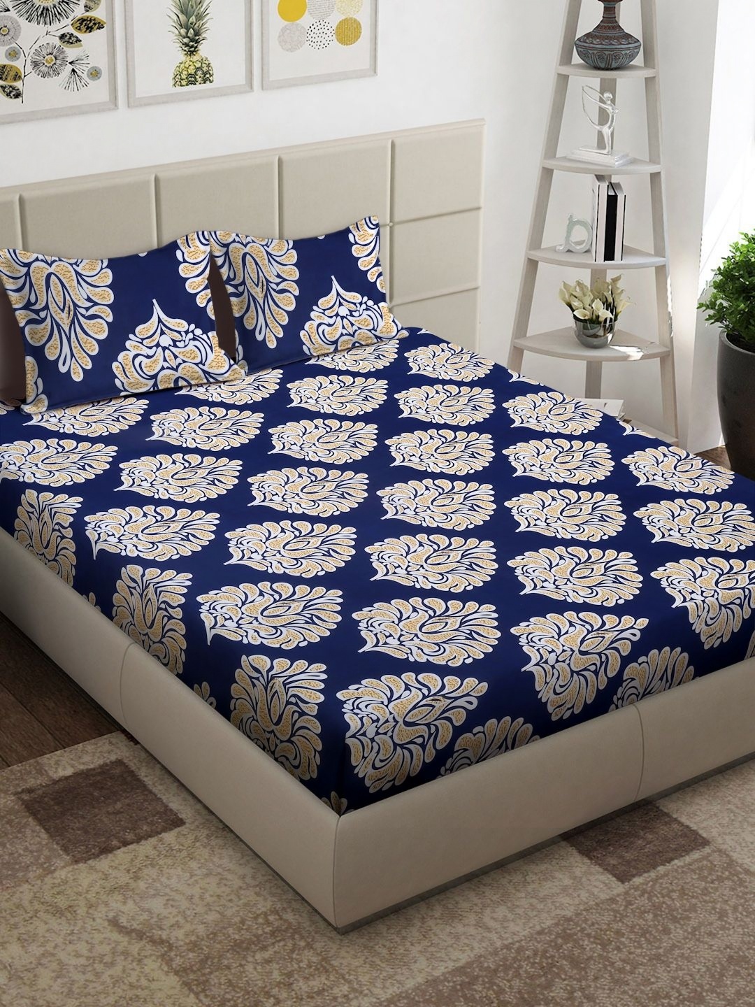 

Arrabi Blue & White Floral Floral 300 TC King Bedsheet with 2 Pillow Covers