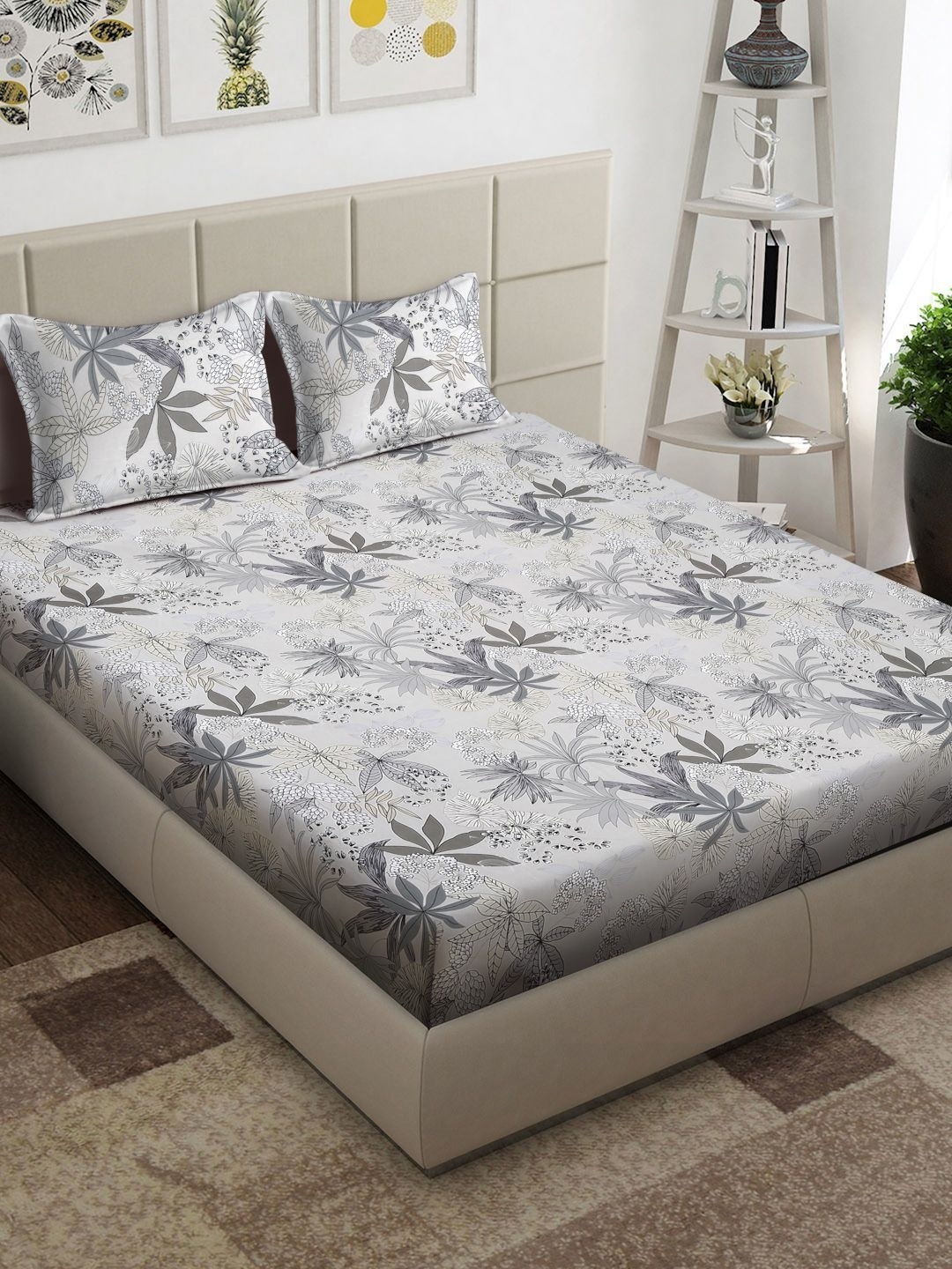 

Arrabi Grey & White Floral 300 TC King Bedsheet with 2 Pillow Covers