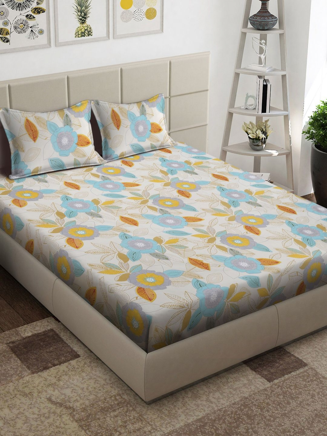

Arrabi White & Yellow Floral 300 TC King Bedsheet with 2 Pillow Covers