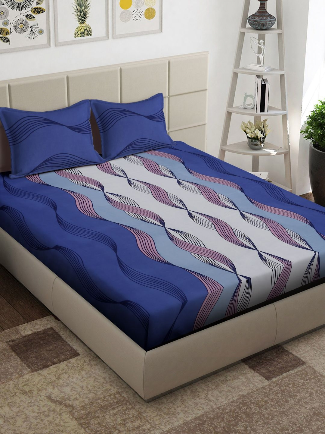 

Arrabi Blue & Pink Striped 300 TC King Bedsheet with 2 Pillow Covers