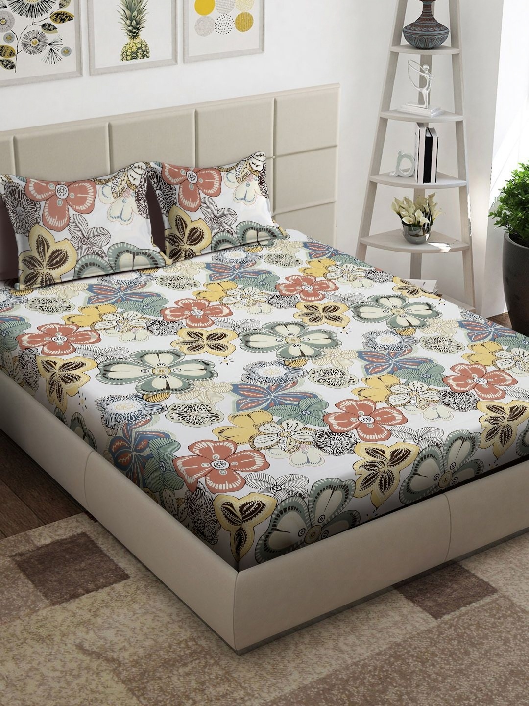 

Arrabi White & Red Floral Printed 300 TC King Bedsheet with 2 Pillow Covers