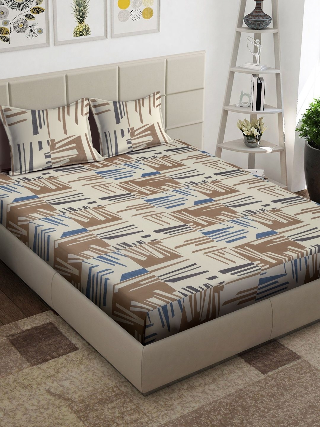

Arrabi Beige & Navy Blue Striped 300 TC King Bedsheet with 2 Pillow Covers