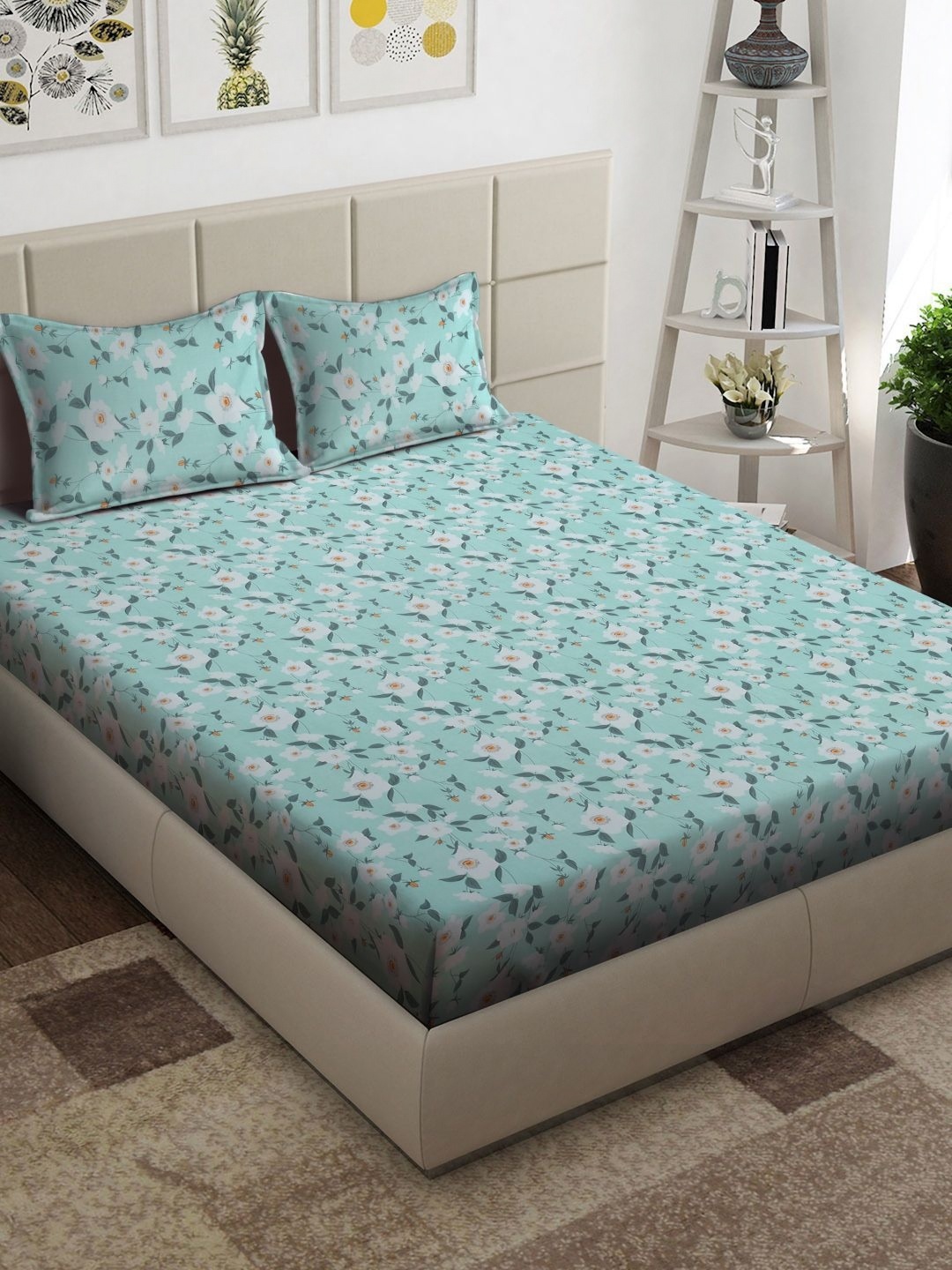 

Arrabi Green & White Floral Printed 300 TC King Bedsheet with 2 Pillow Covers