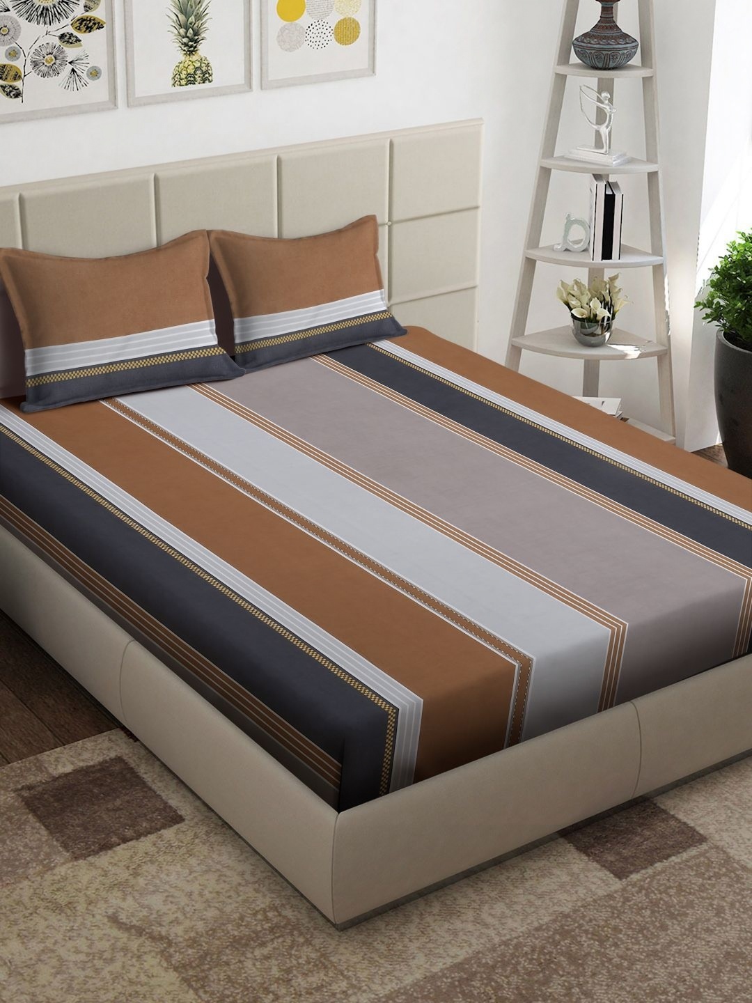 

Arrabi Grey & Brown Striped 300 TC Double King Bedsheet With 2 Pillow Covers