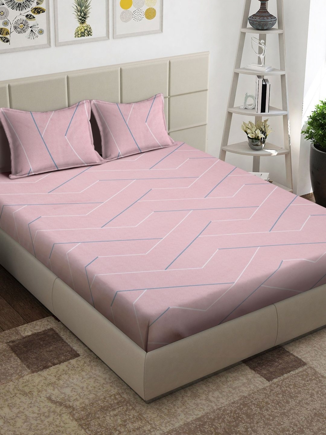 

Arrabi Pink & Grey Geometric Printed 300 TC Double King Bedsheet With 2 Pillow Covers