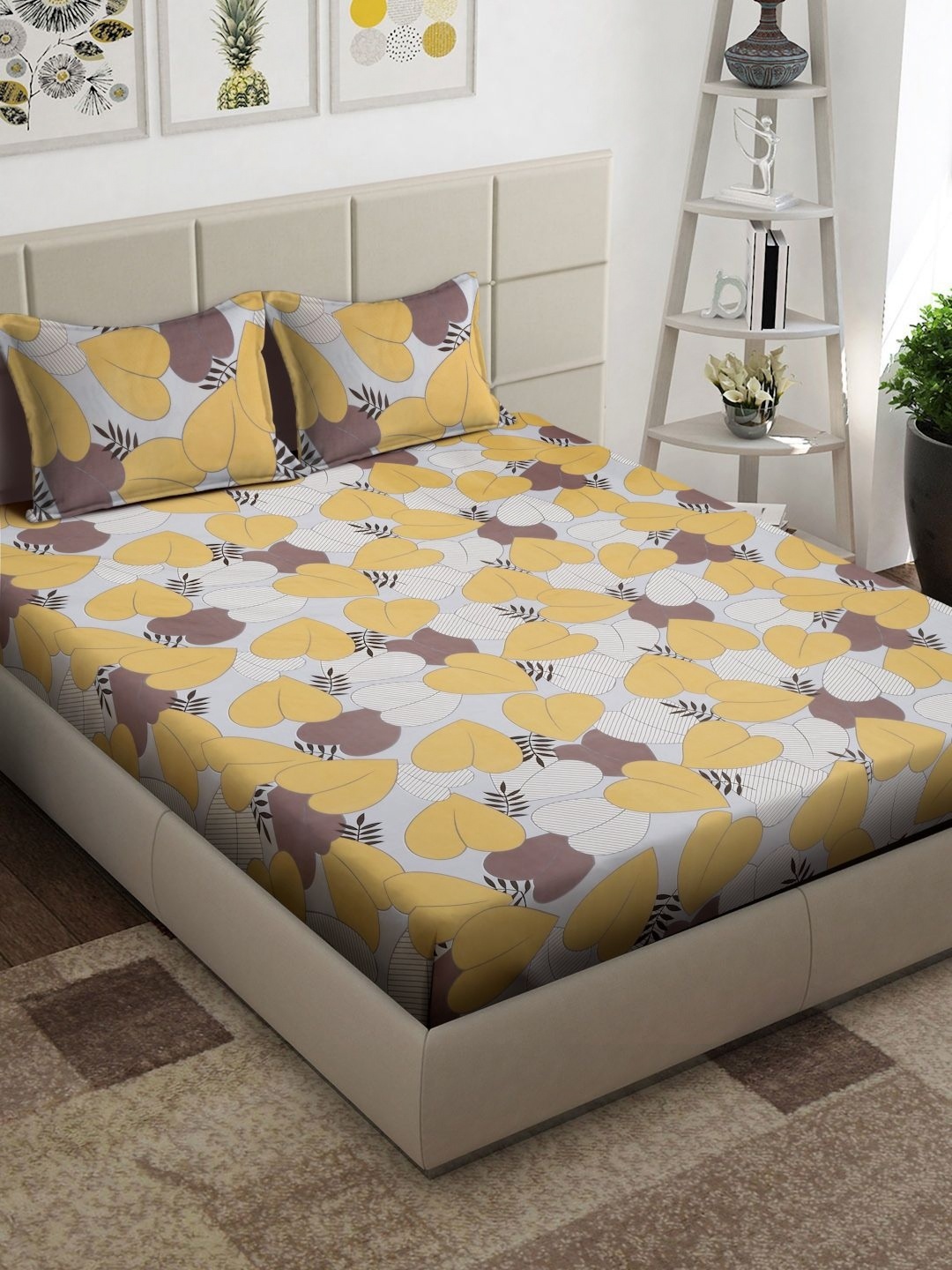 Arrabi White & Brown Floral Printed 300 TC Double King Bedsheet With 2 Pillow Covers