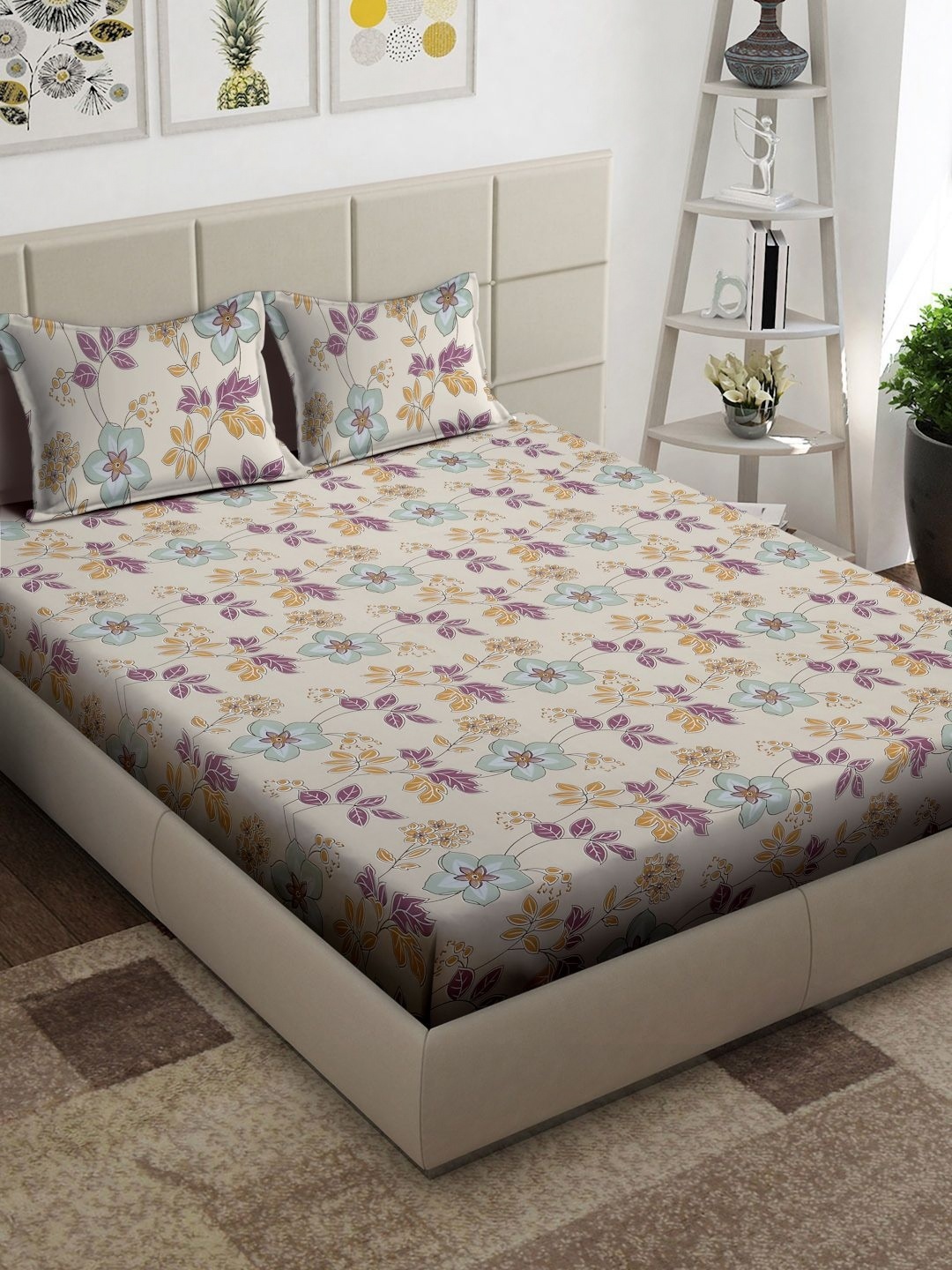 

Arrabi Beige & Blue Floral Printed 300 TC Double King Bedsheet With 2 Pillow Covers