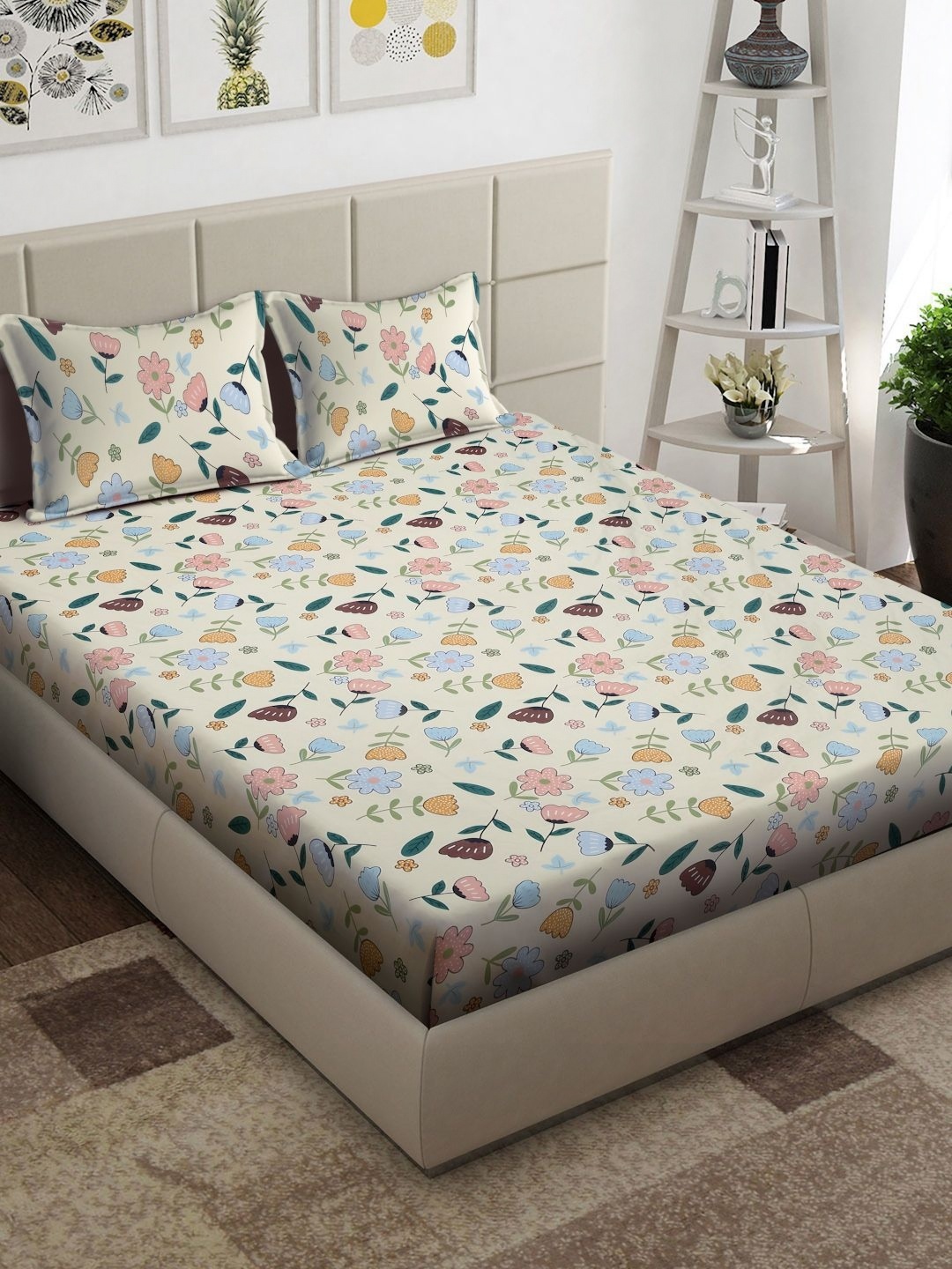 

Arrabi Cream & Pink Floral 300 TC King Bedsheet With 2 Pillow Covers