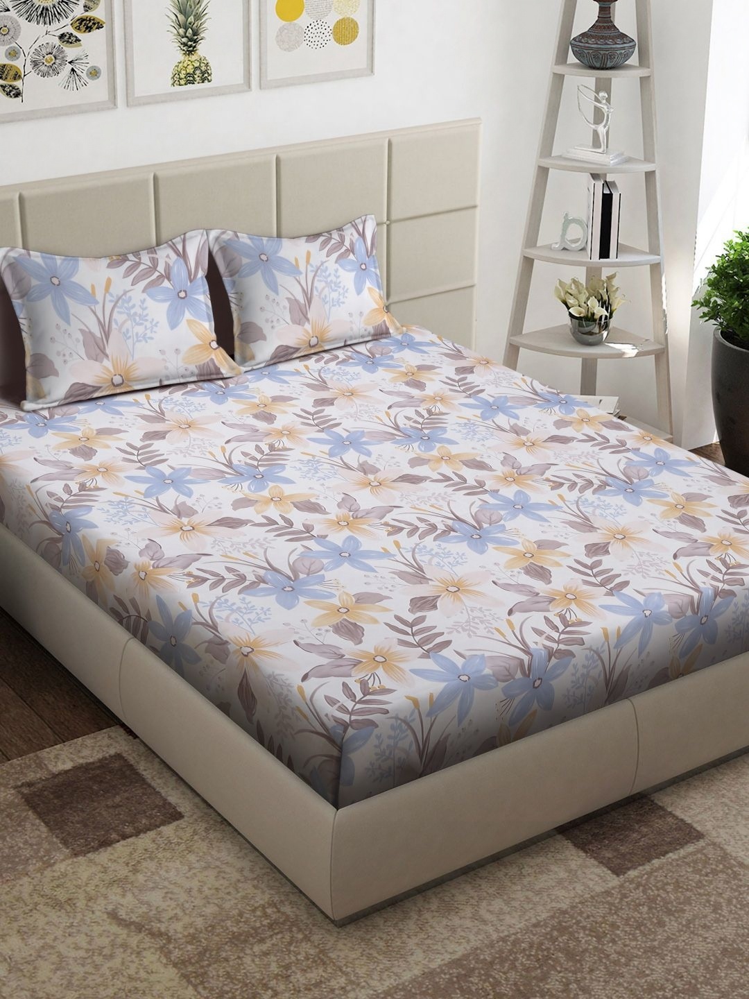 

Arrabi White & Blue Floral Printed 300 TC King Bedsheet With 2 Pillow Covers