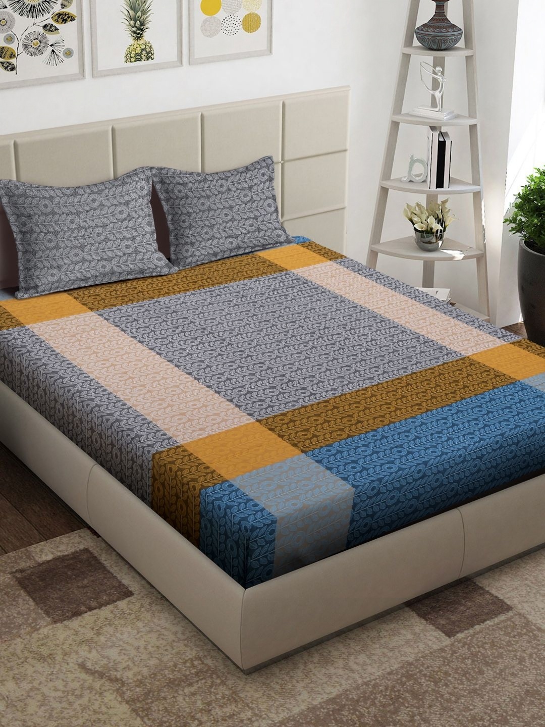 

Arrabi Blue & Yellow Floral Printed 300 TC King Bedsheet With 2 Pillow Covers