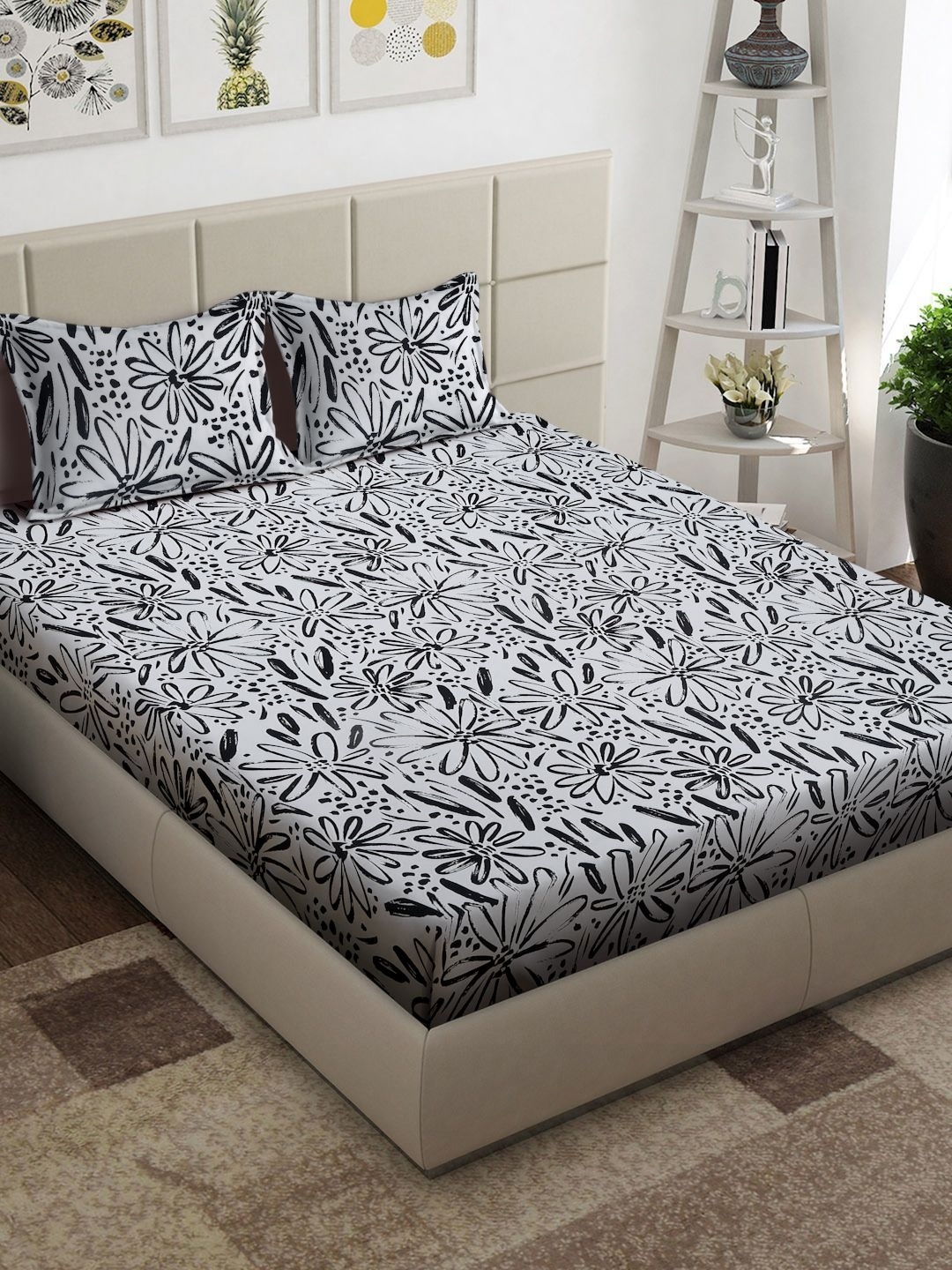 

Arrabi White & Black Floral Printed 300 TC King Bedsheet With 2 Pillow Covers