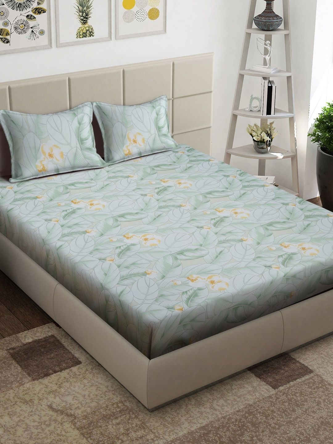 

Arrabi Green & Yellow Floral Printed 300 TC King Bedsheet With 2 Pillow Covers