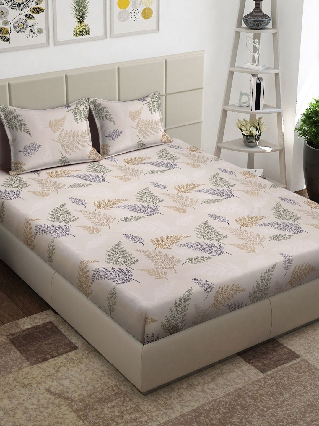 Arrabi Beige & Grey Floral Printed 300 TC King Bedsheet With 2 Pillow Covers