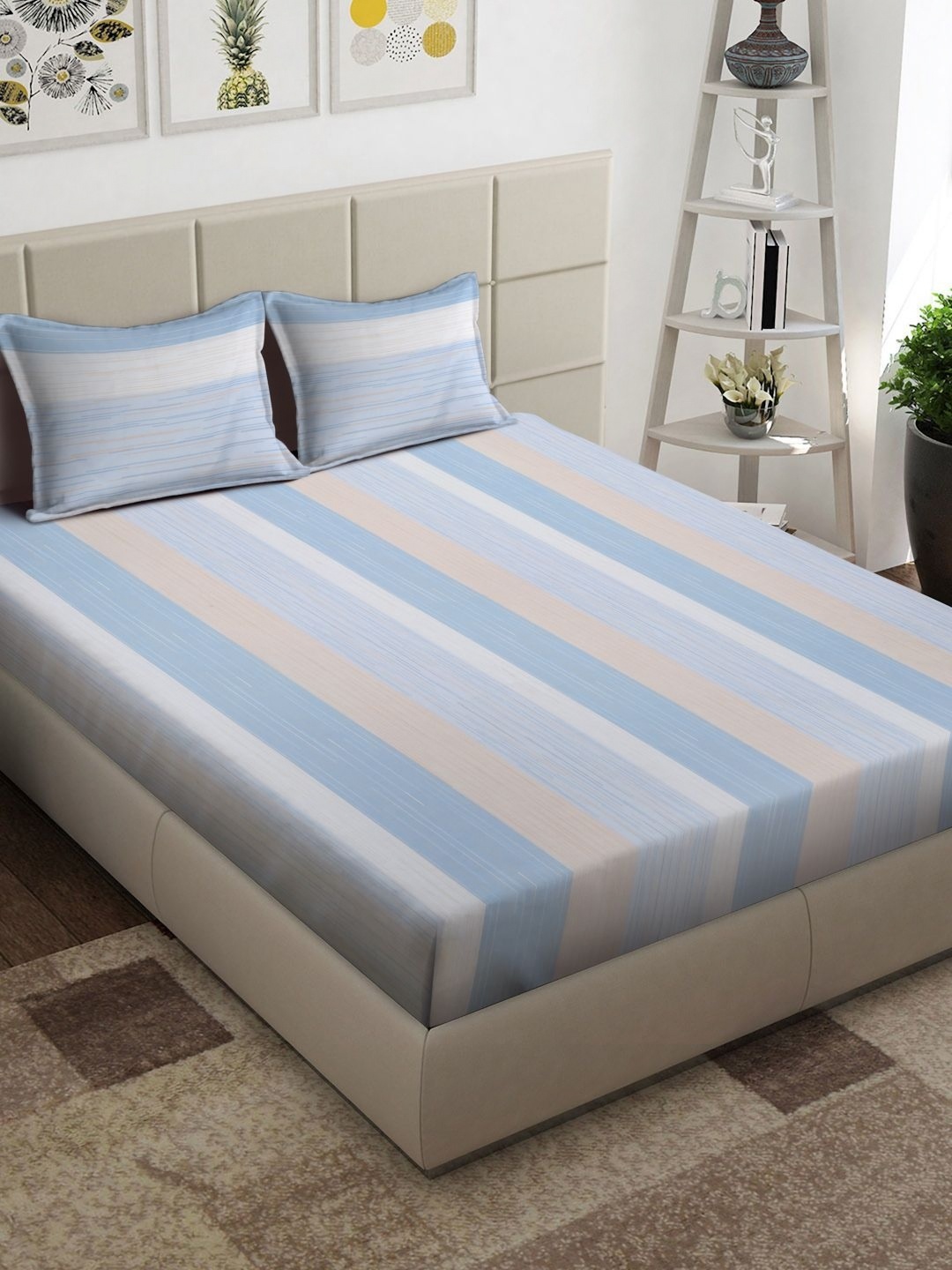 Arrabi White & Orange Striped 300 TC King Bedsheet With 2 Pillow Covers