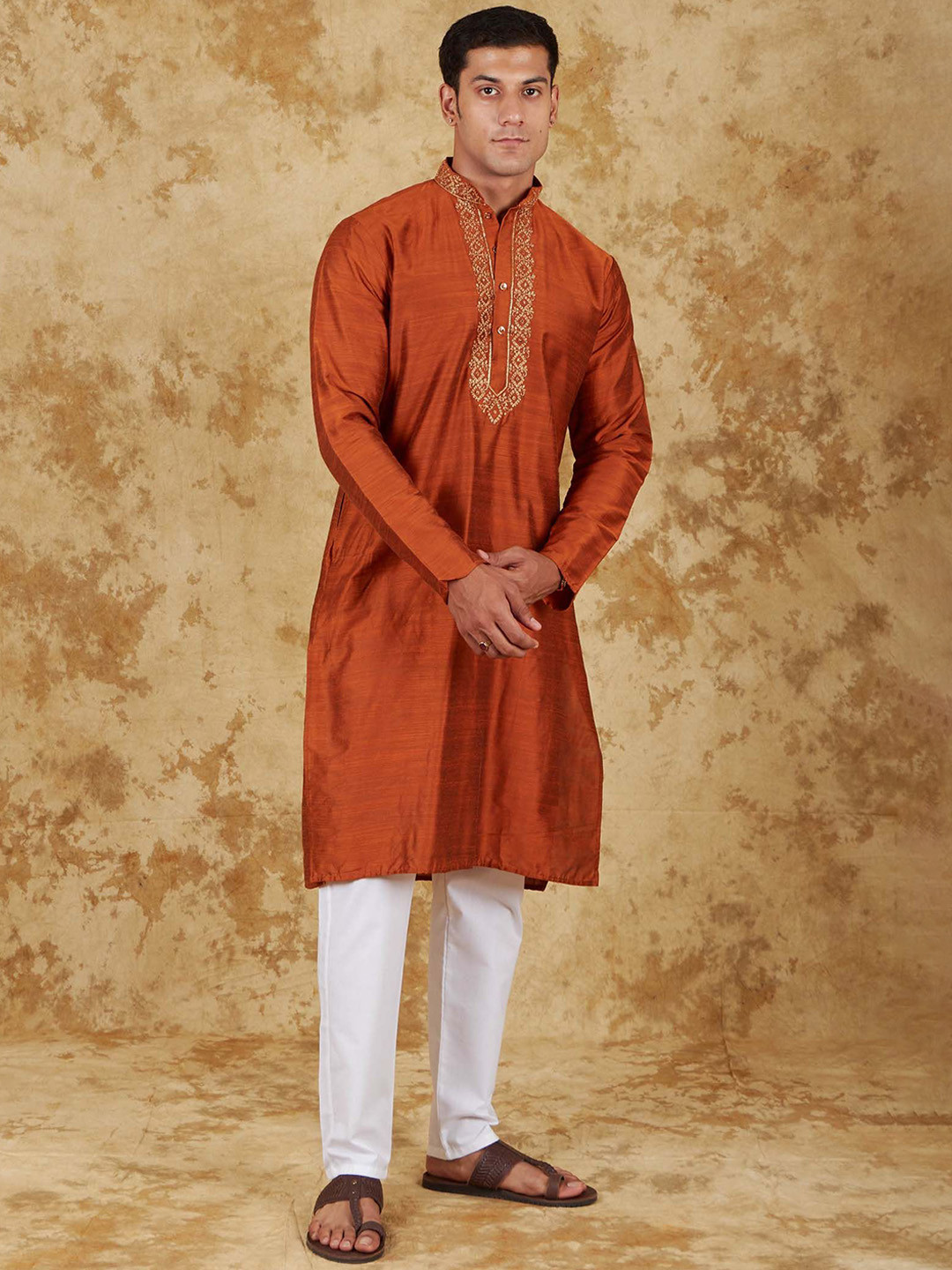 

BLUESAANCHI Floral Yoke Design Beads & Stones Mandarin Collar Dupion Silk Kurta & Trousers, Rust