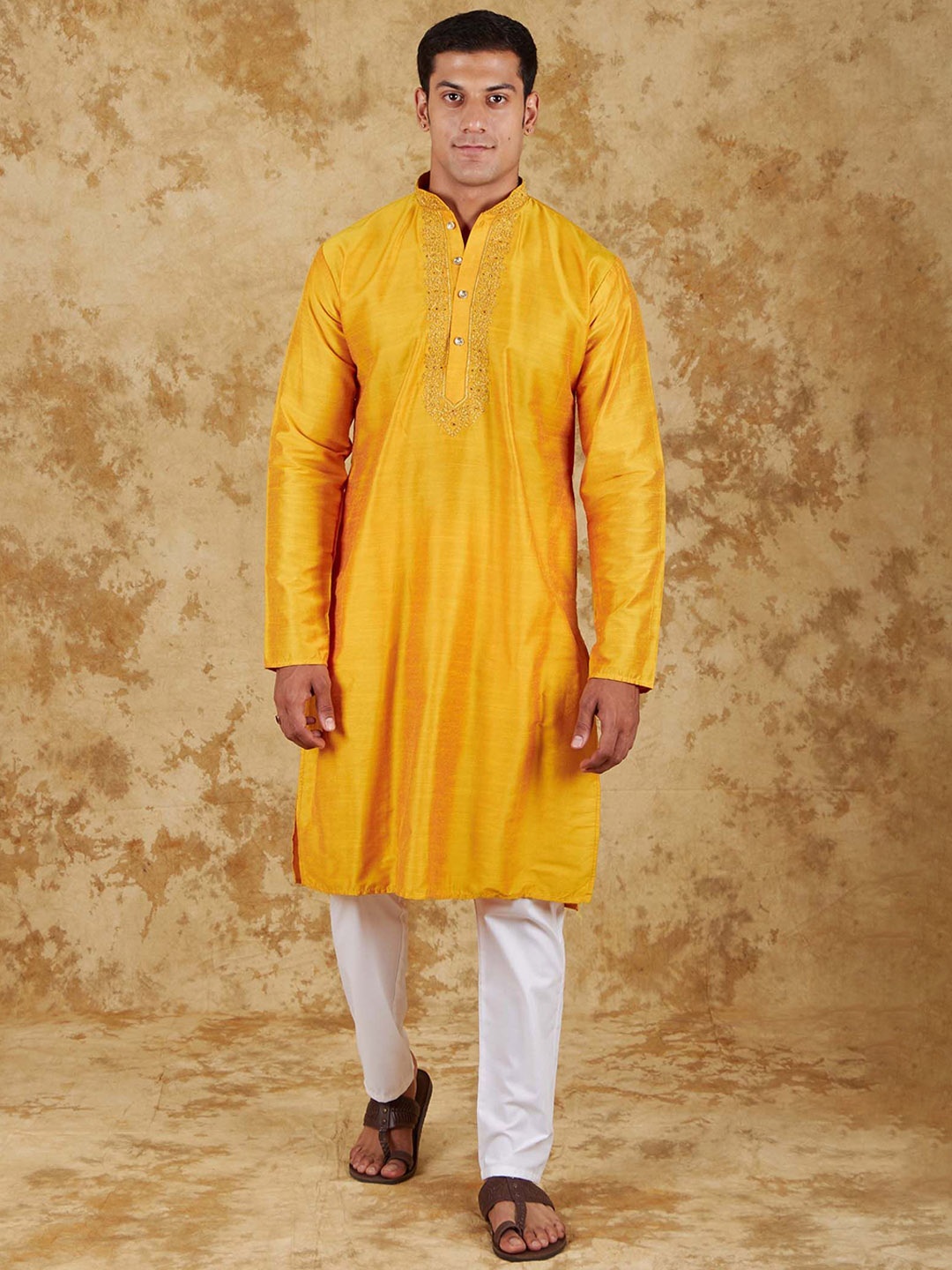 

BLUESAANCHI Floral Yoke Design Beads & Stones Mandarin Collar Dupion Silk Kurta & Trousers, Yellow