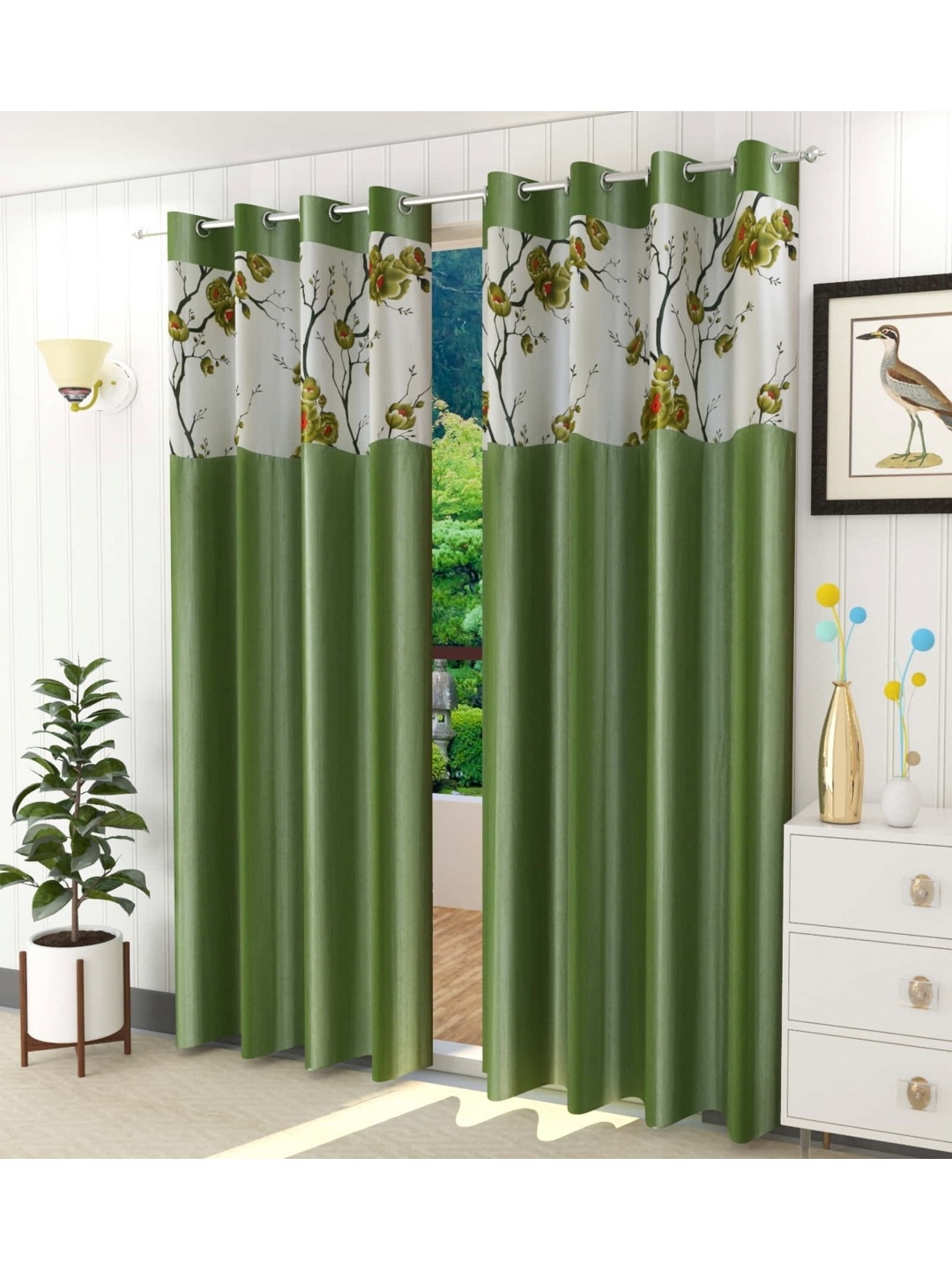 

AADI TRADERS Green & White 2 Pieces Floral Door Curtains