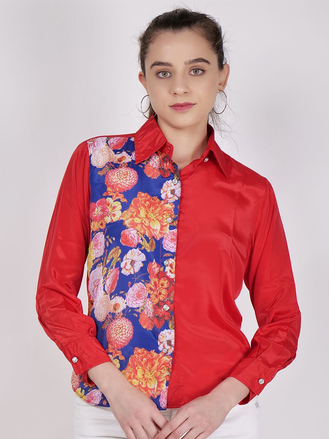 

Frolic Rolic Floral Half Printed Polyester Full Sleeves Shirt, Red