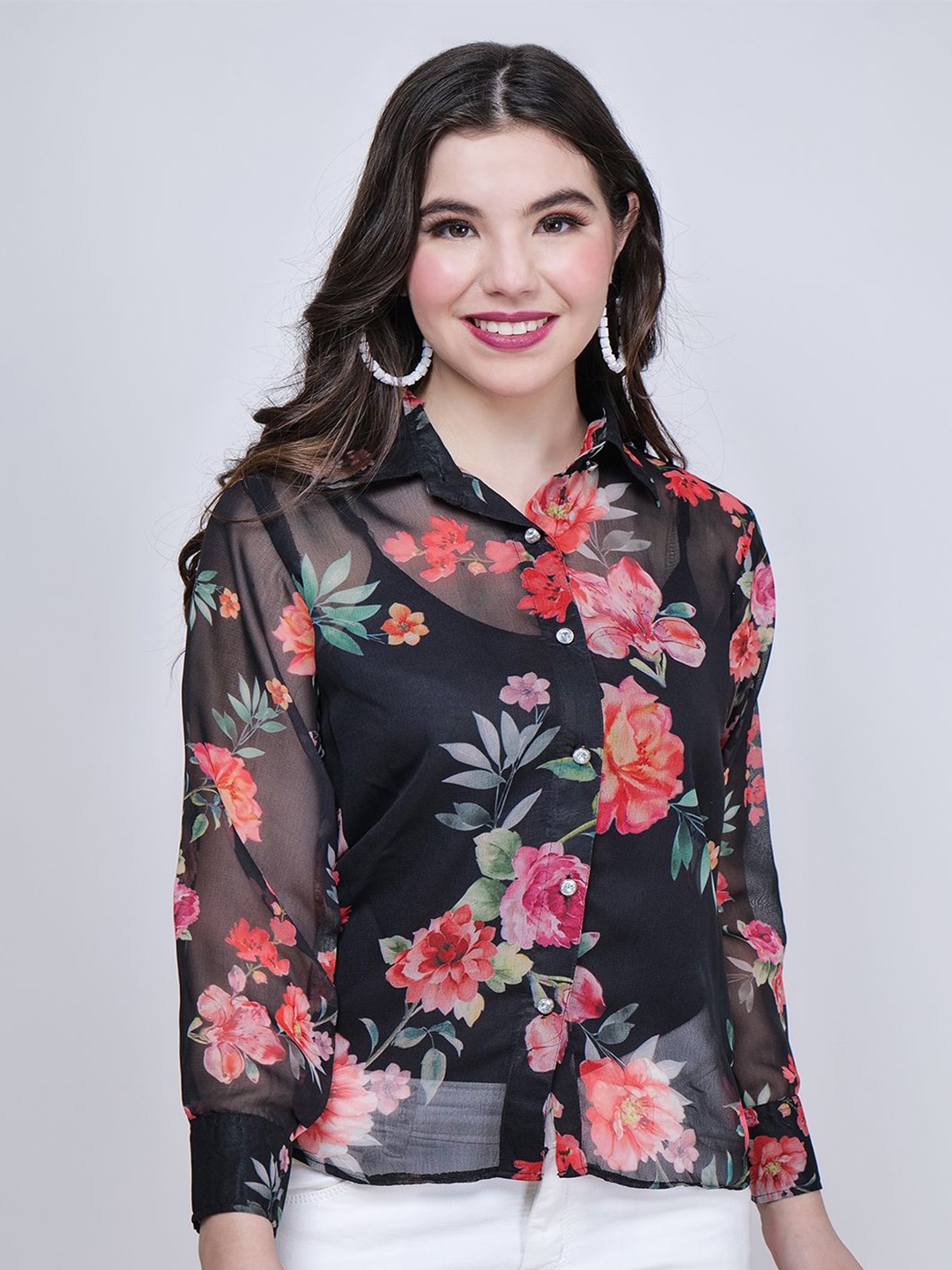 Frolic Rolic Georgette Floral Print Shirt With Camisole, Black