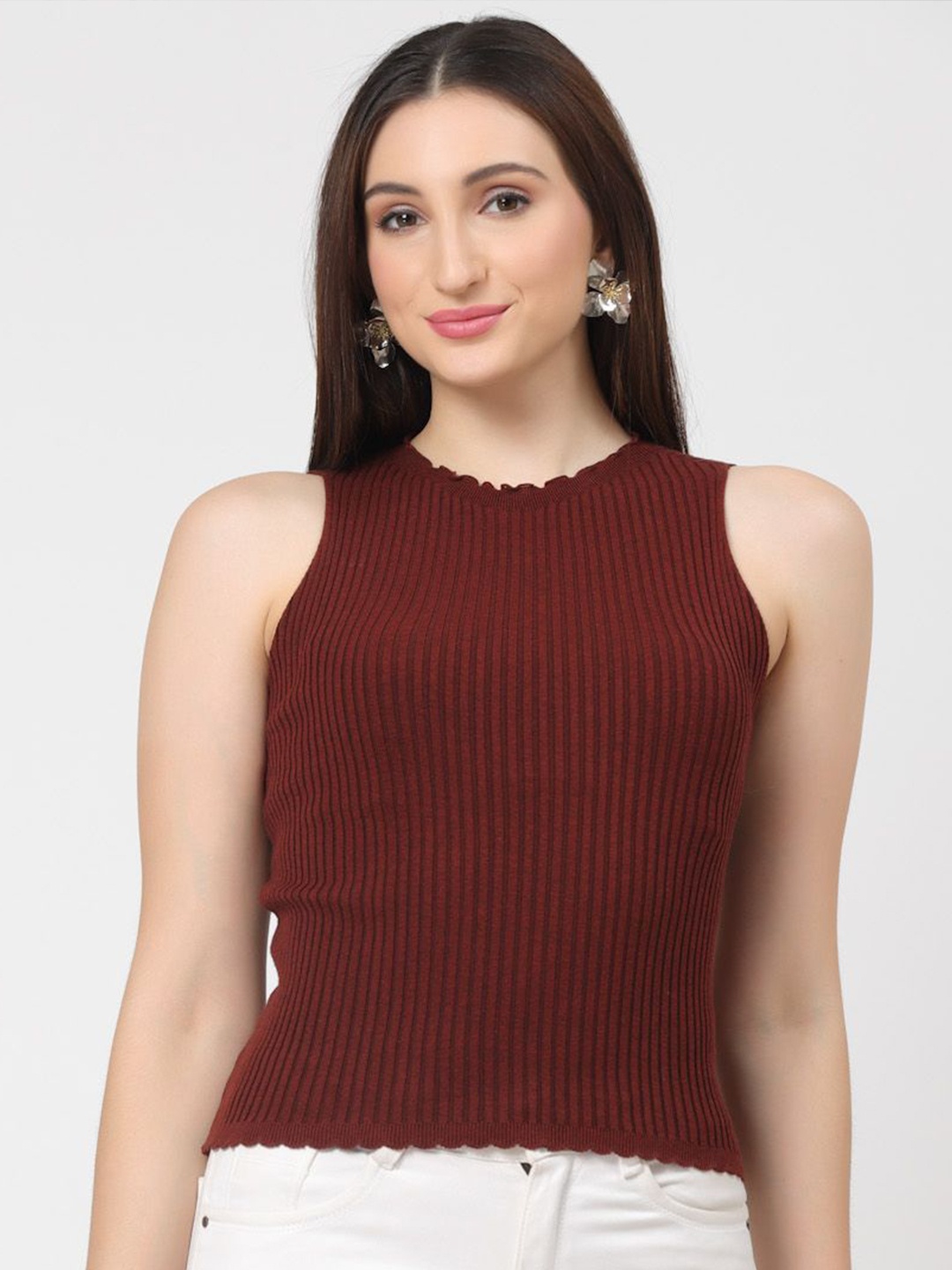 

Kalt Women Sleeveless Round Neck Cotton Fitted Top, Rust