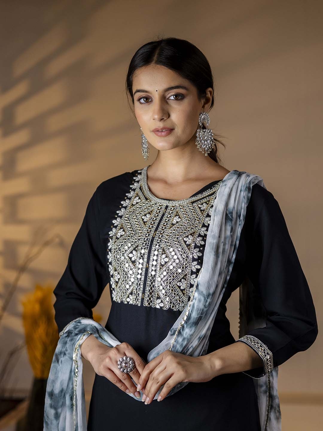 mokshi Floral Yoke Design Mirror Work Kurta with Trousers & Dupatta, Black