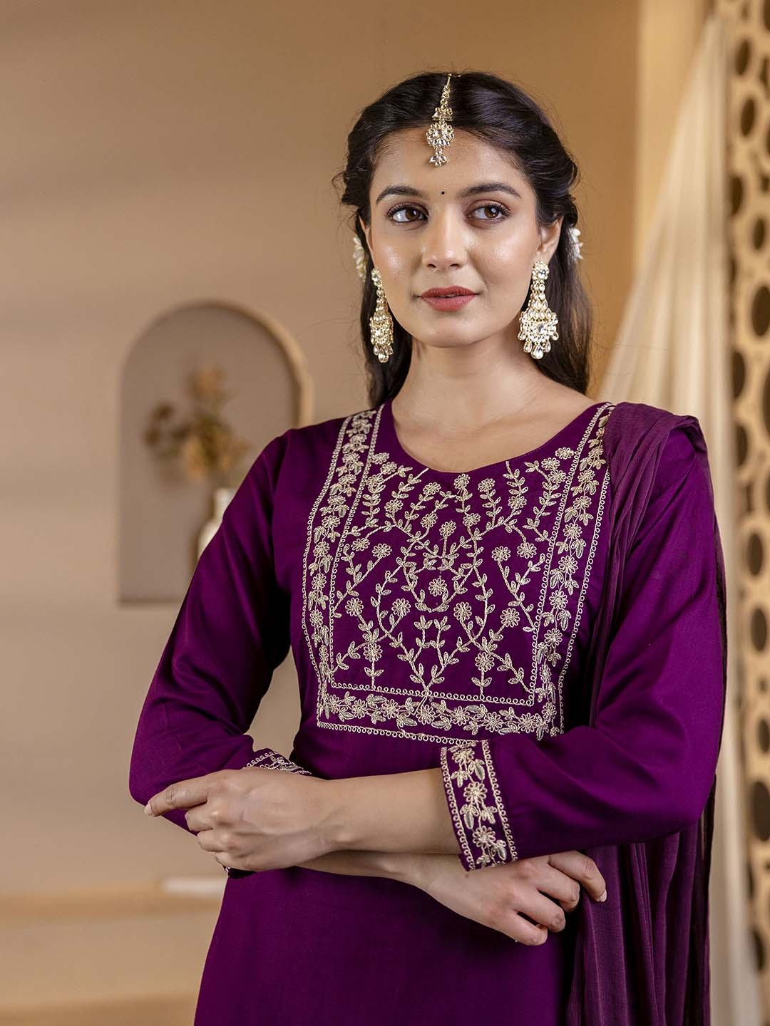 

mokshi Floral Yoke Design Thread Work Kurta with Trousers & Dupatta, Magenta