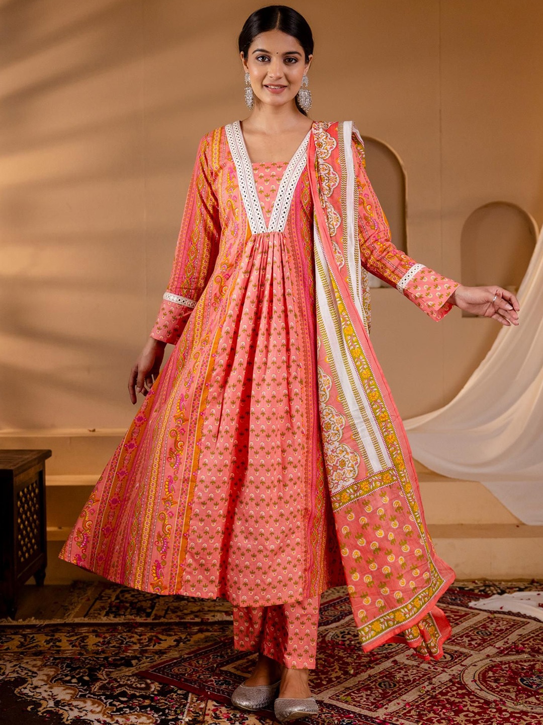 

mokshi Ethnic Motifs Printed Pleated Pure Cotton Kurta with Palazzos & Dupatta, Orange