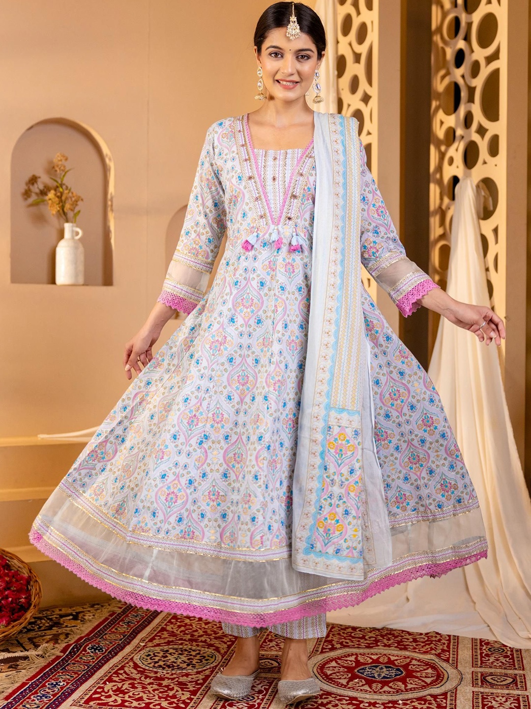 

mokshi Floral Printed Pure Cotton Kurta with Palazzos & Dupatta, Blue