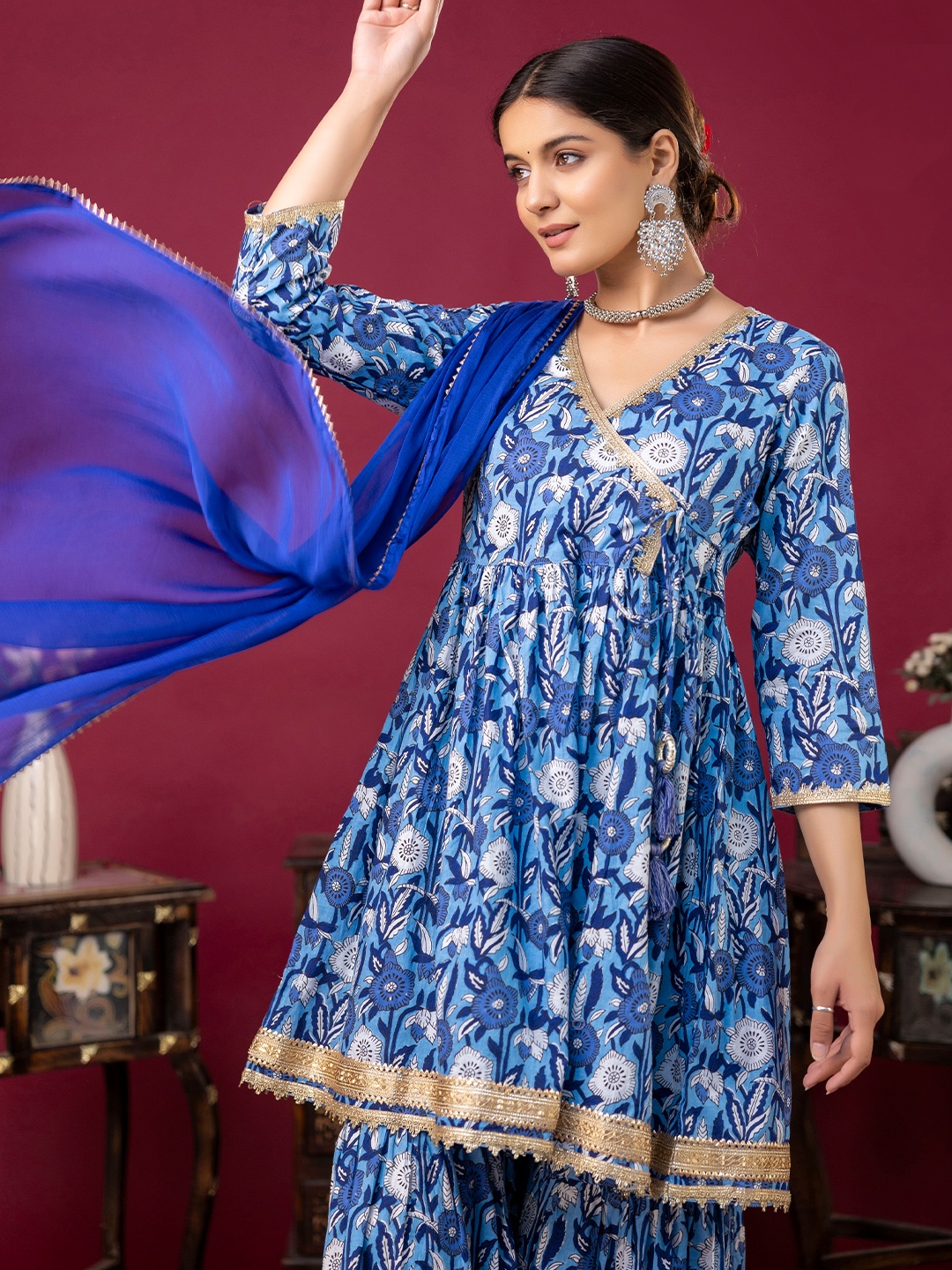 

mokshi Floral Printed Angrakha Gotta Patti Kurta with Sharara & Dupatta, Blue