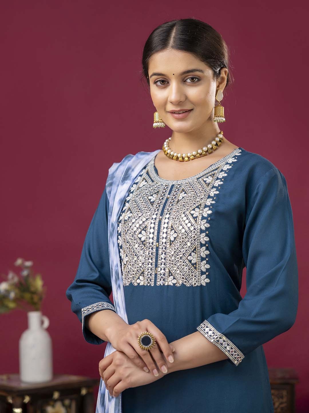 

mokshi Floral Yoke Design Mirror Work Kurta with Trousers & Dupatta, Blue