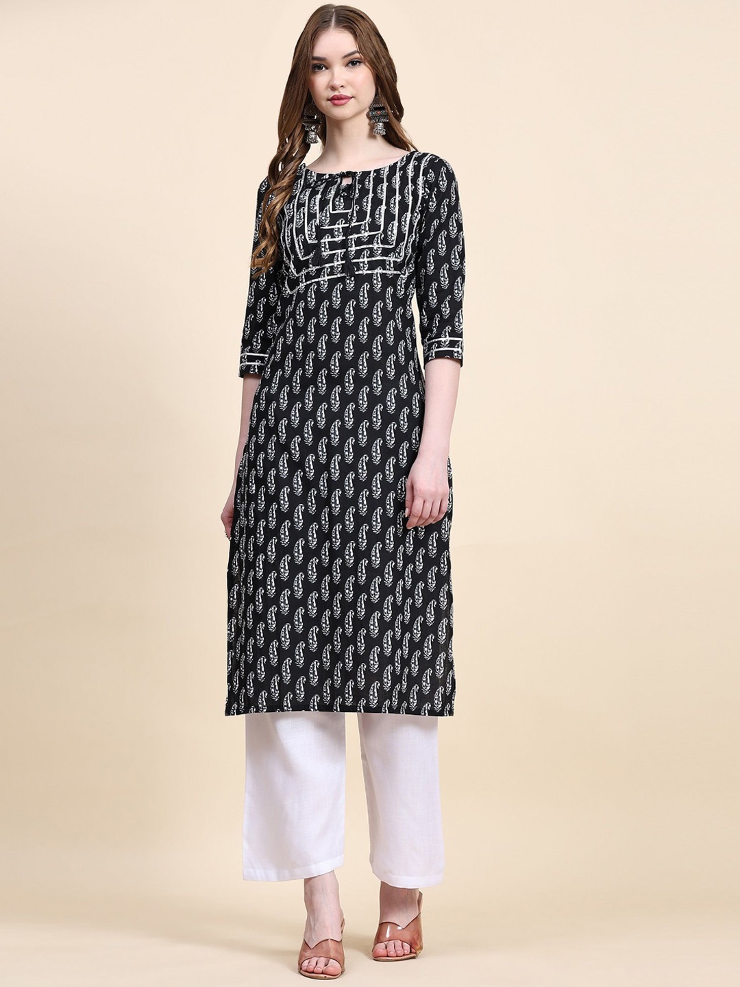 

KALINI Paisley Printed Tie Up Neck Straight Kurta with Trousers, Black