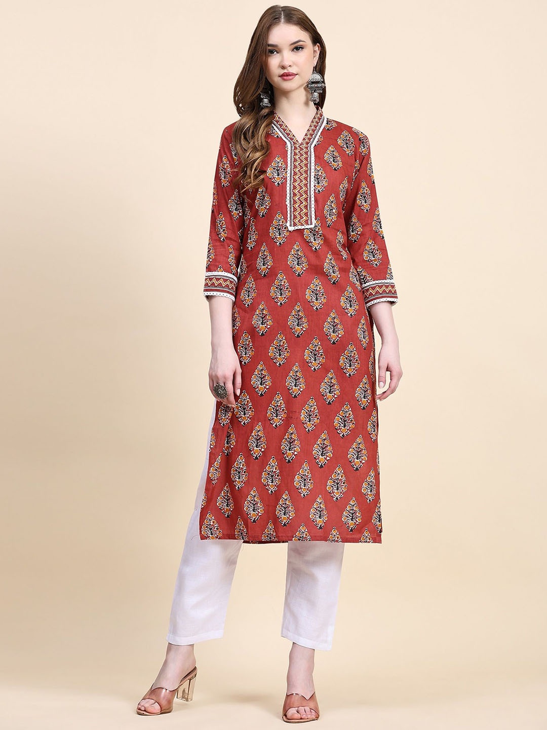 

KALINI Floral Printed V-Neck Straight Kurta with Trousers, Orange