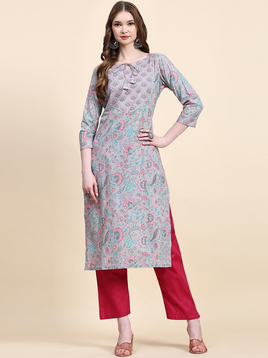 

KALINI Floral Printed Tie Up Neck Straight Kurta with Trousers, Grey