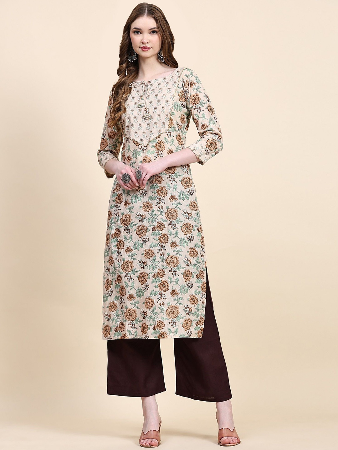 

KALINI Floral Printed Tie Up Neck Straight Kurta with Trousers, Beige