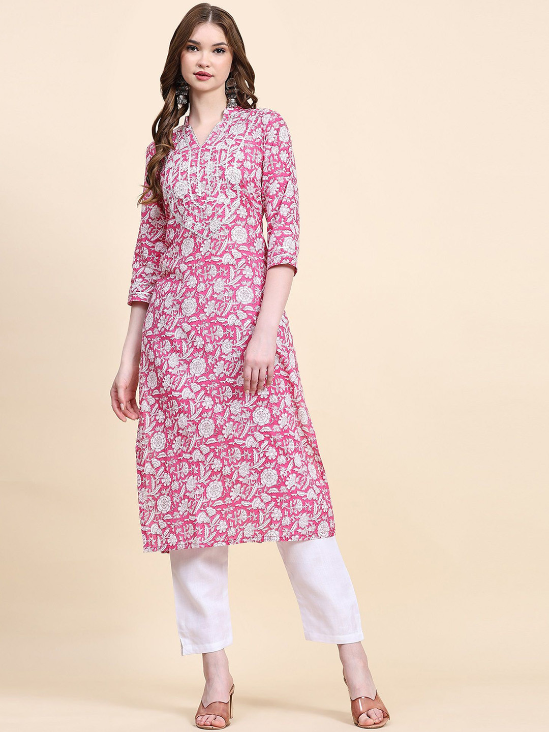 

KALINI Floral Printed Mandarin Collar Straight Kurta with Trousers, Pink